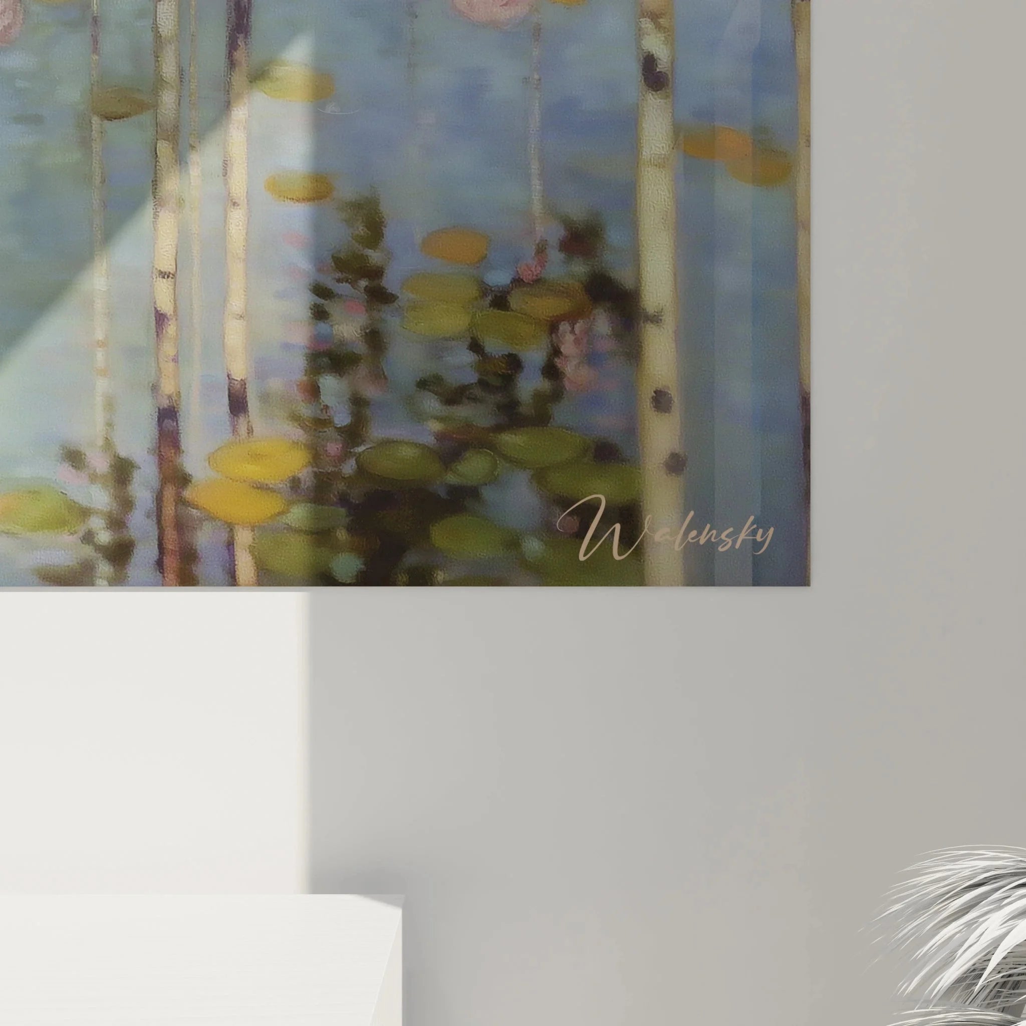 Gesamtansicht symbolistisches Wandbild Wasserlandschaft mit Birken und Blüten - Kunstgalerie