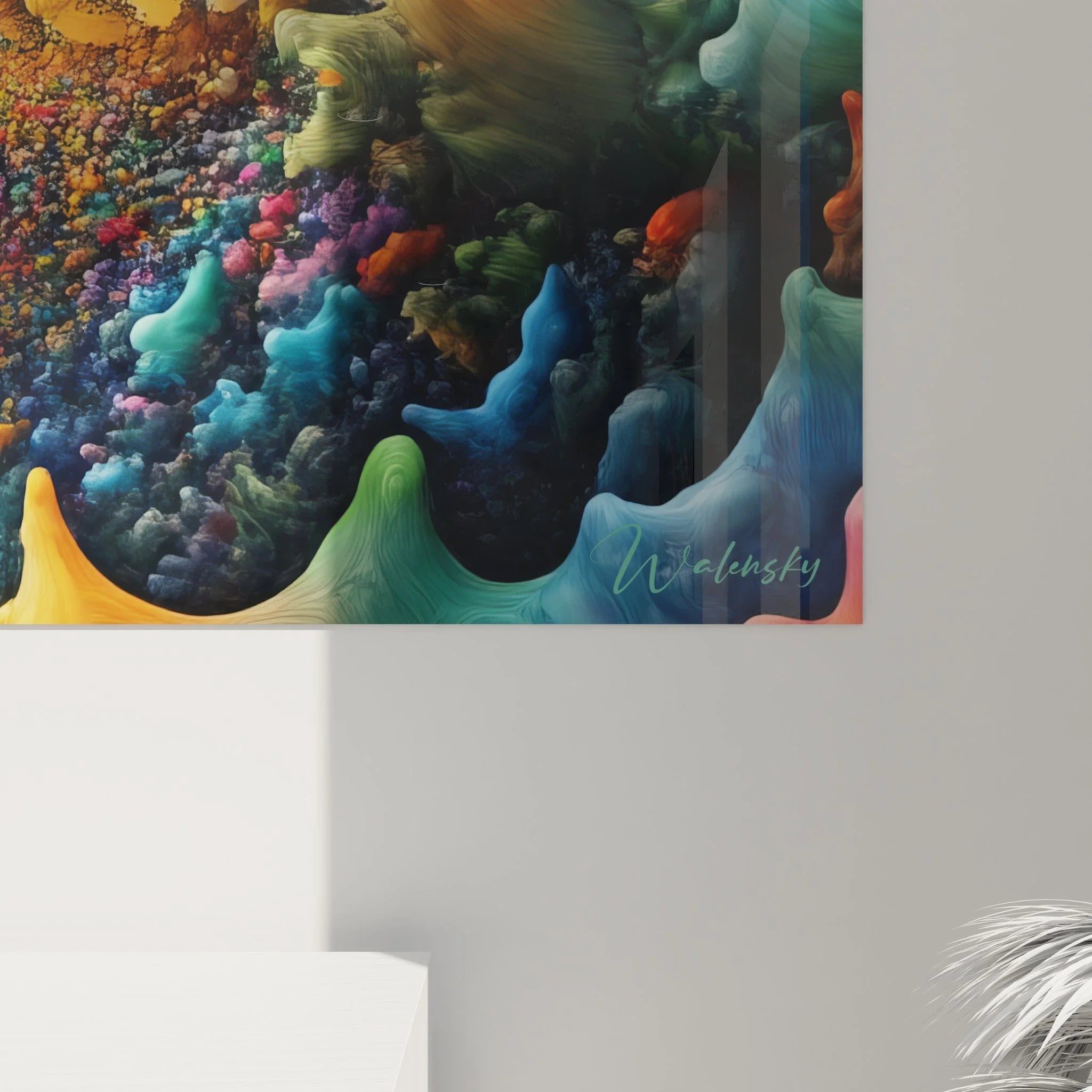 Gesamtansicht Wandbild Traumlandschaft mit Portal und schwebenden kosmischen Elementen