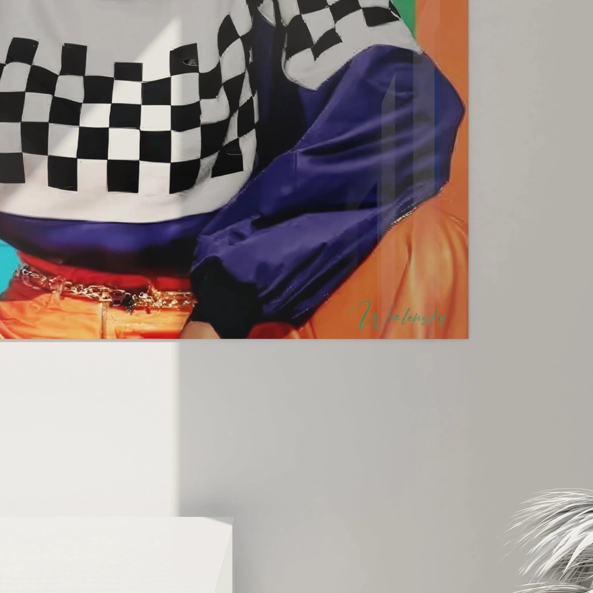 Gesamtansicht Urban Art Wandbild Streetwear Frau in bunter Retro Hip-Hop Kleidung komplett