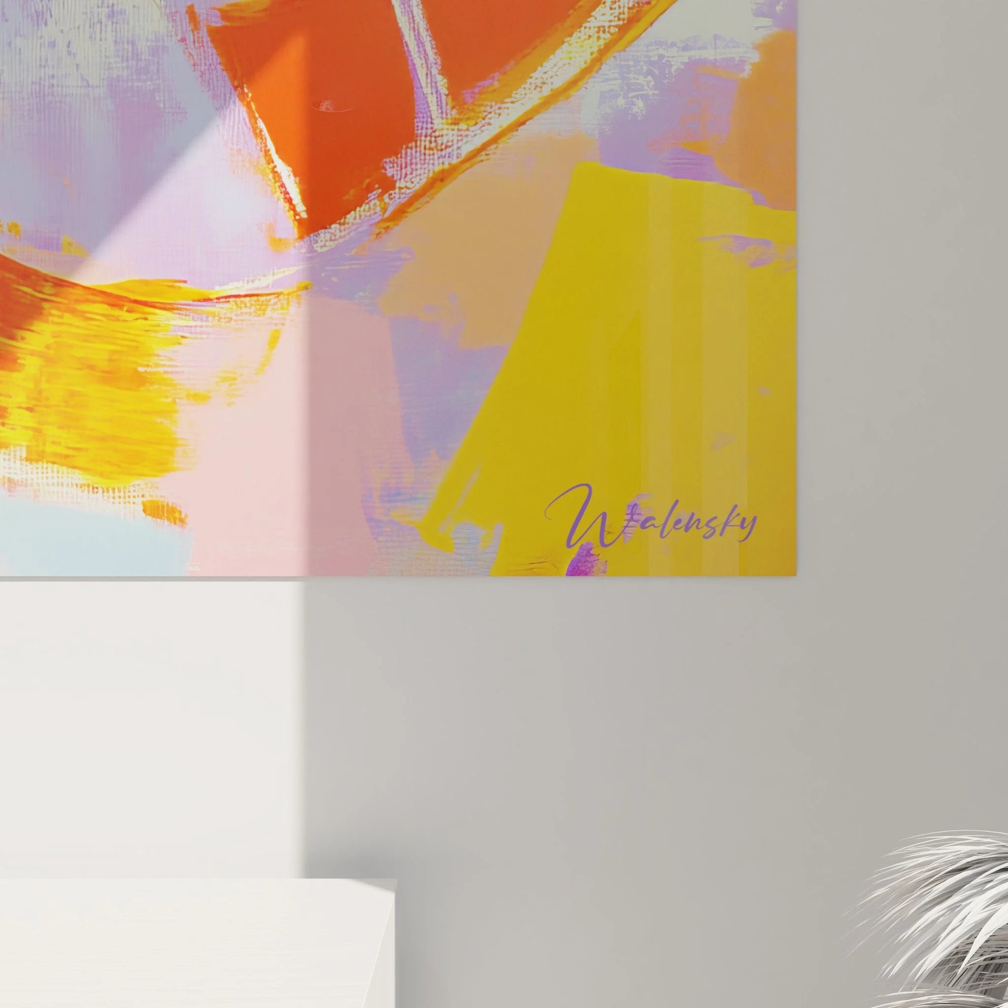 Gesamtansicht des abstrakten Wandbildes mit leuchtenden Farben und expressiver Komposition