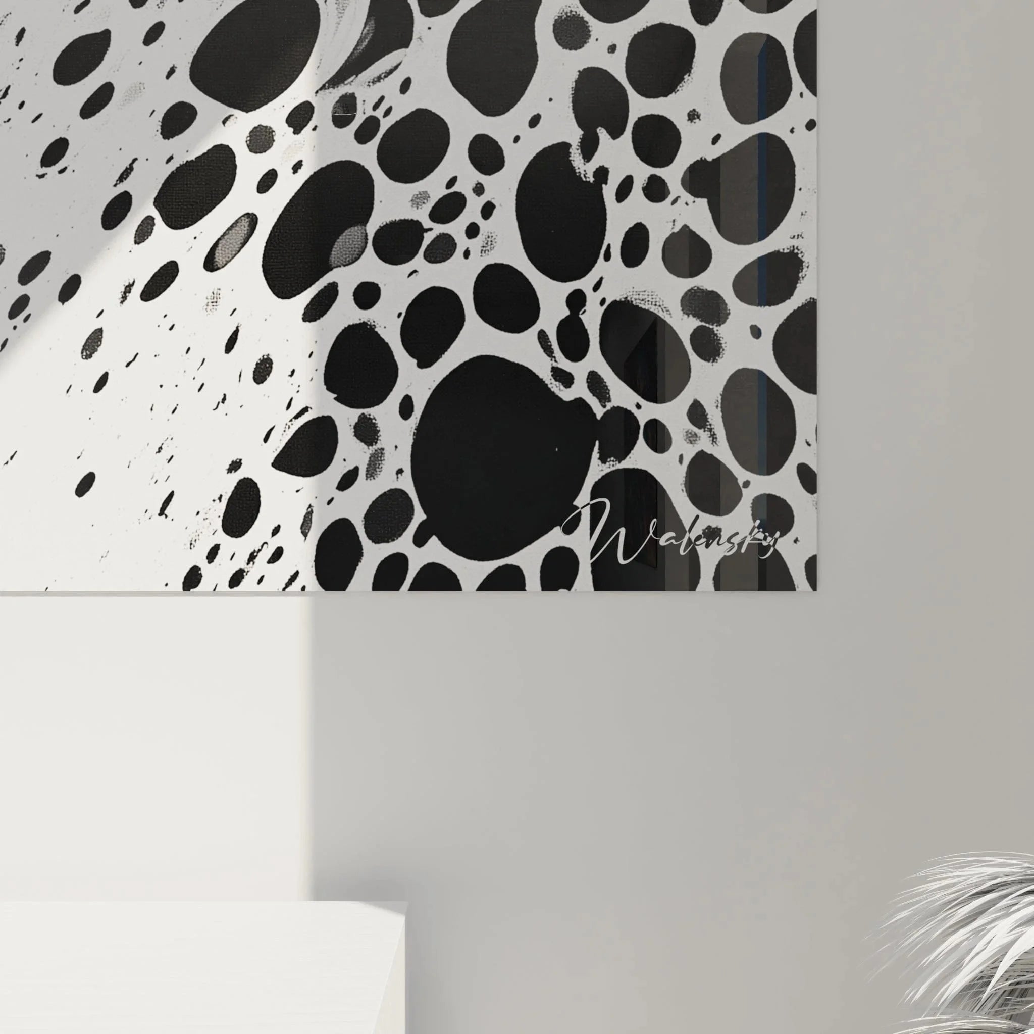 Gesamtansicht Wandbild Punktmuster Schwarz-Weiß abstrakte Kunst Dalmatiner Design