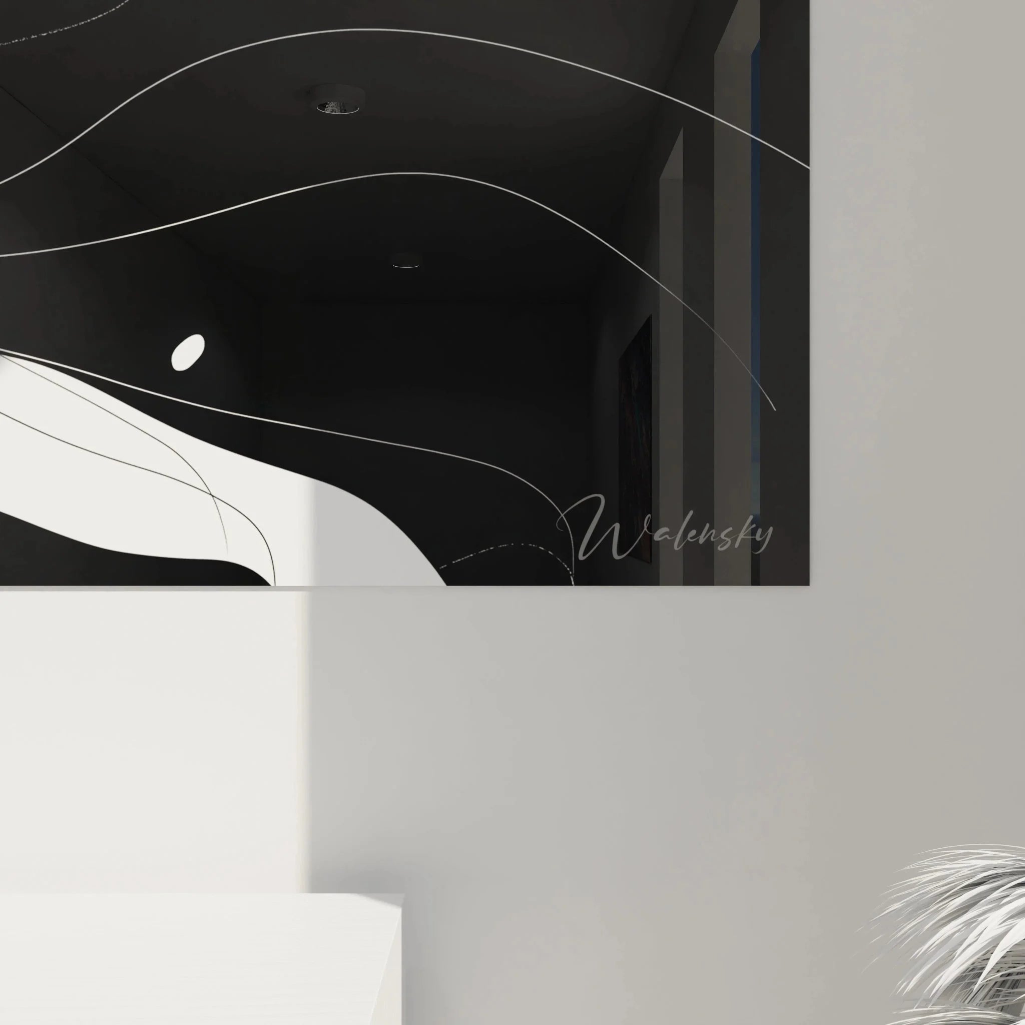 Gesamtansicht des abstrakten Wandbildes mit dynamischen schwarzweißen Strömungen