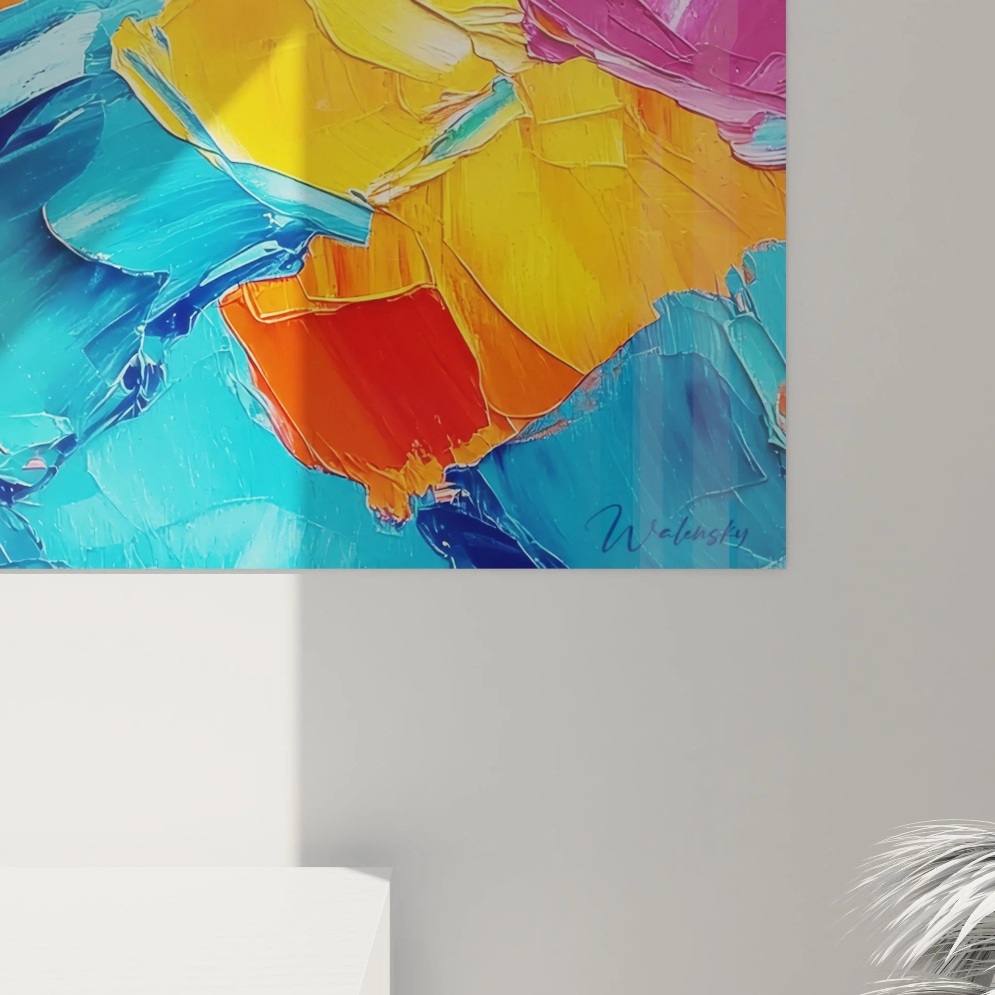 Gesamtansicht Wandbild abstrakte Farbkomposition mit dynamischer Komposition aus warmen und kalten Farbtönen