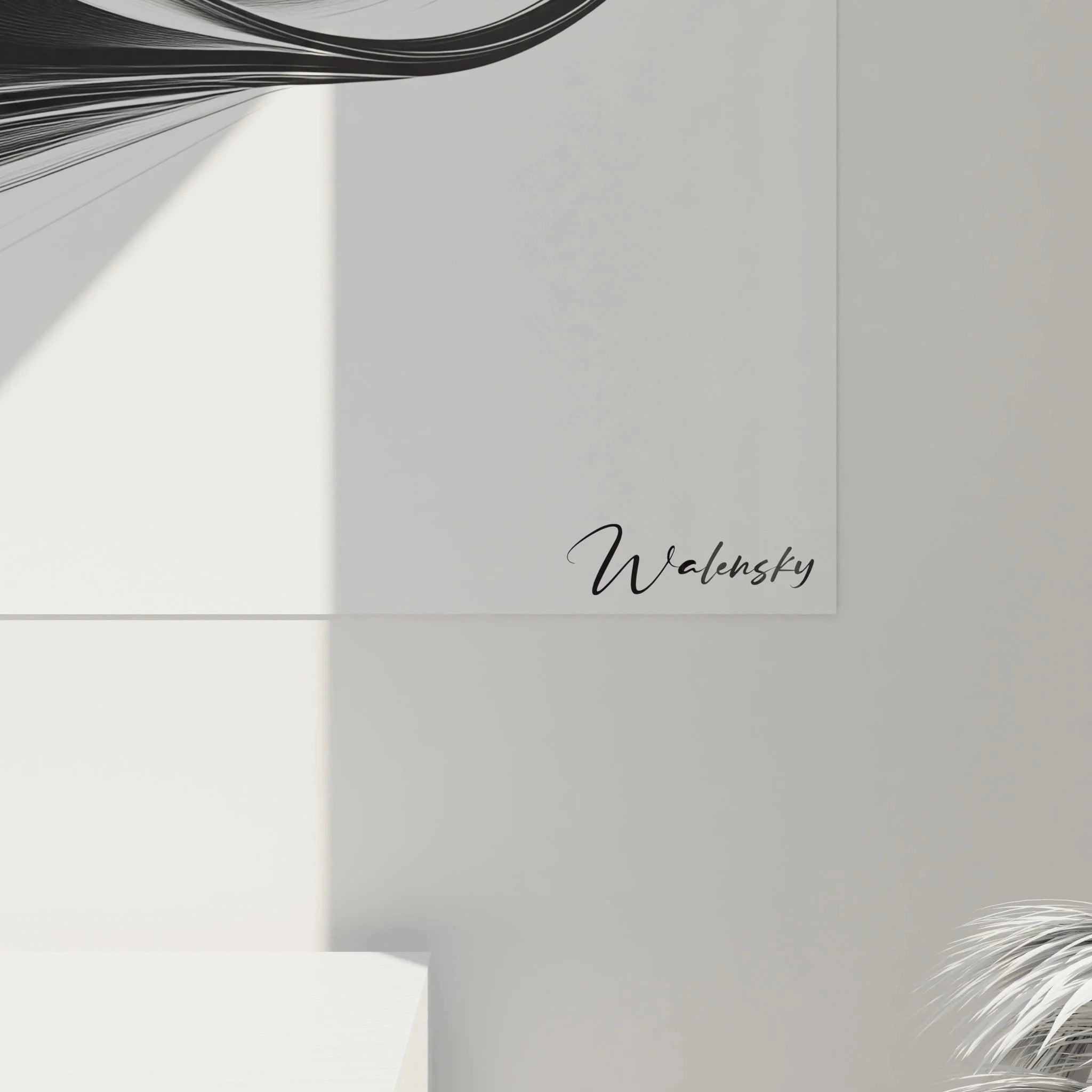 Gesamtansicht Wandbild abstrakte Strömung in schwarz-weiß mit elegantem Rahmen und Schatten