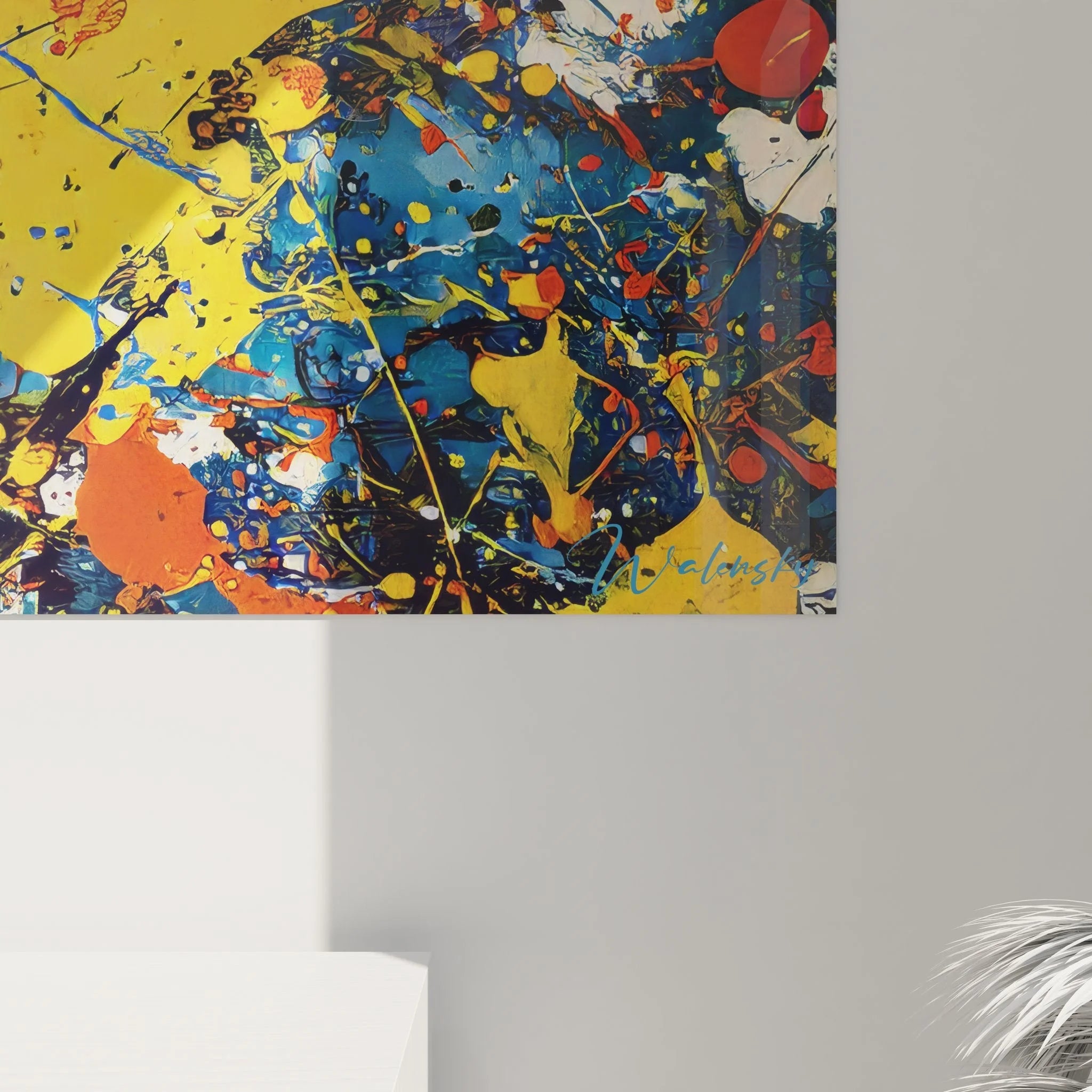 Gesamtansicht Wandbild abstrakte Kunst Action Painting - Farbexplosion in Gelb Blau Rot Orange