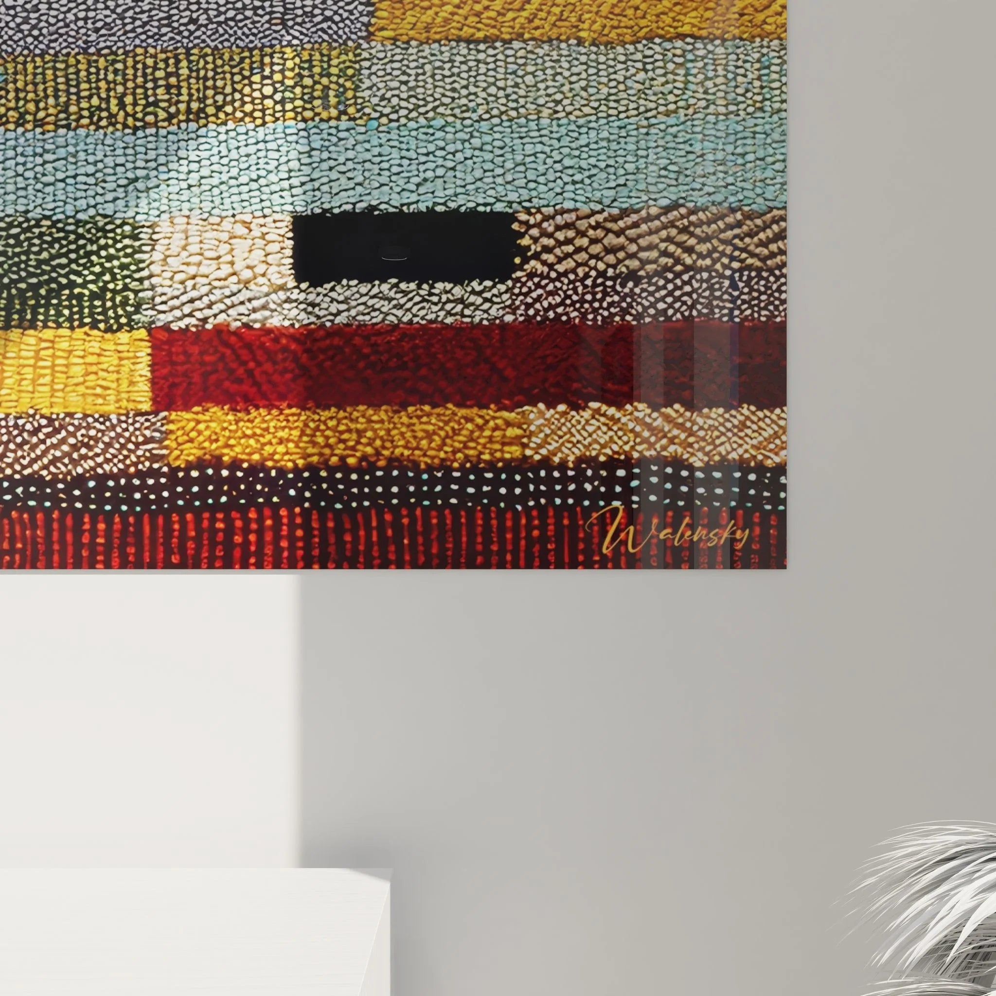 Gesamtansicht des Wandbildes mit verschiedenen afrikanischen Stoffbahnen in horizontaler Anordnung