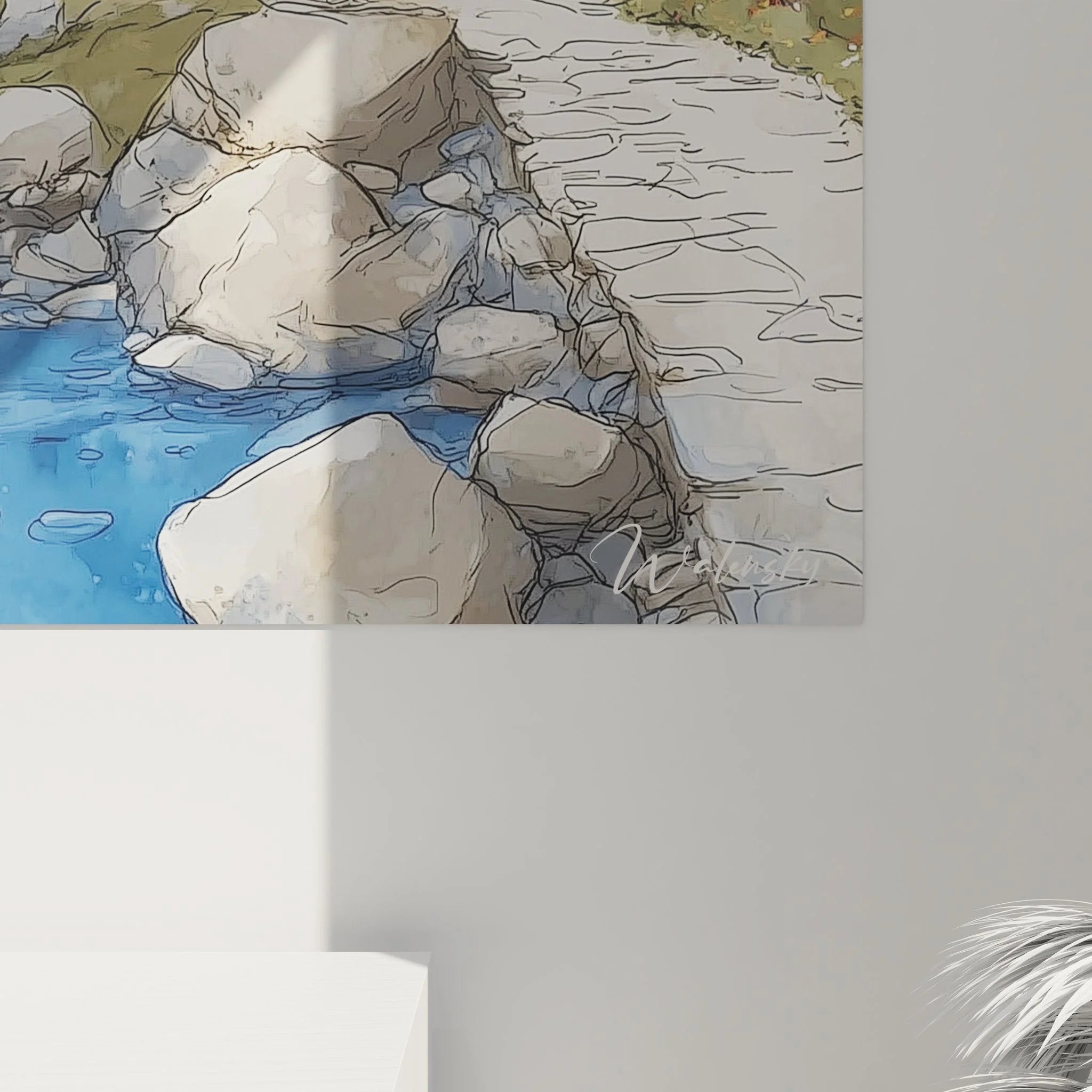 Gesamtansicht Wandbild Alpenlandschaft - Bergbach mit schneebedeckten Gipfeln und Nadelwald