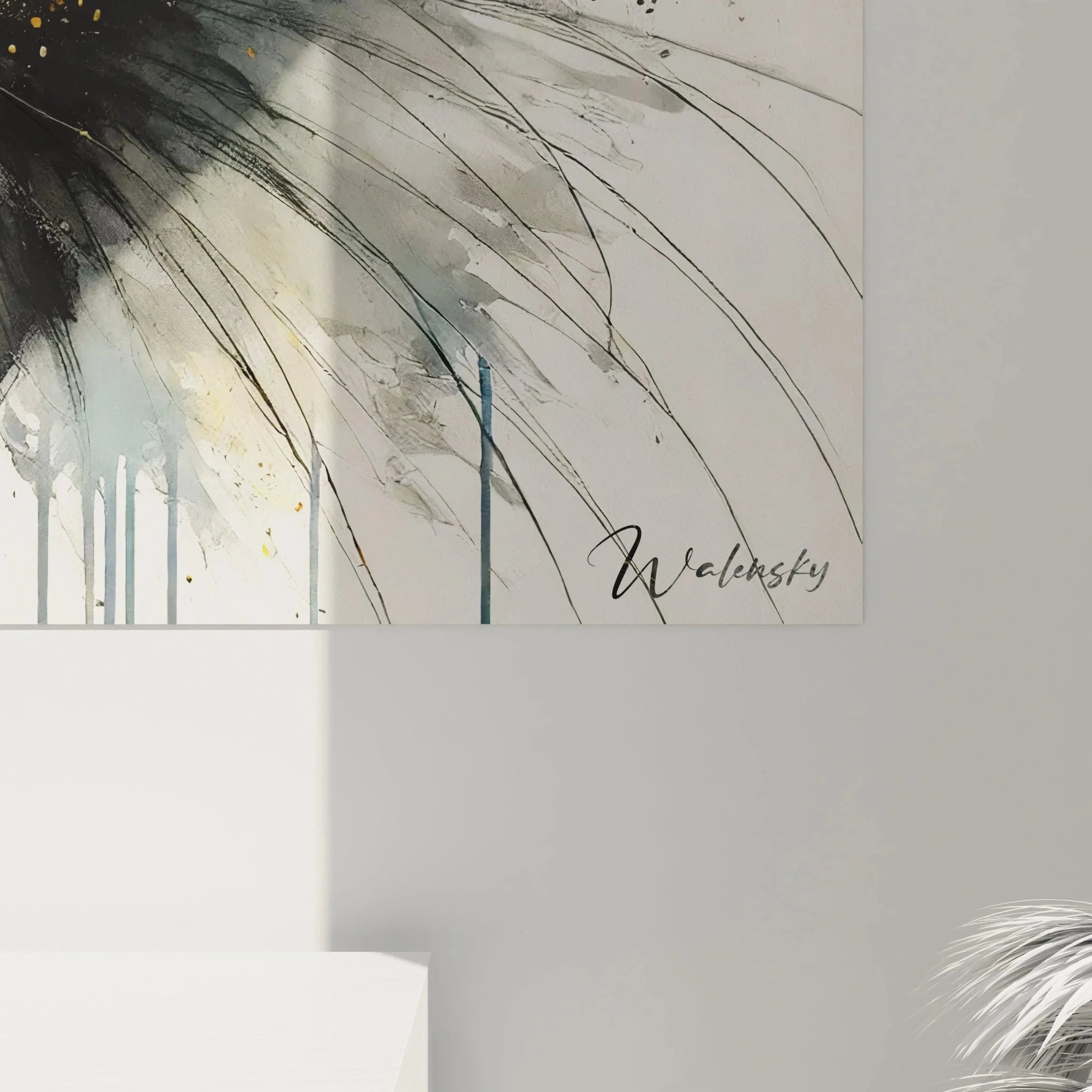 Gesamtansicht des Wandbildes abstrakte Tänzerin mit orangefarbenen Highlights in elegantem Rahmen