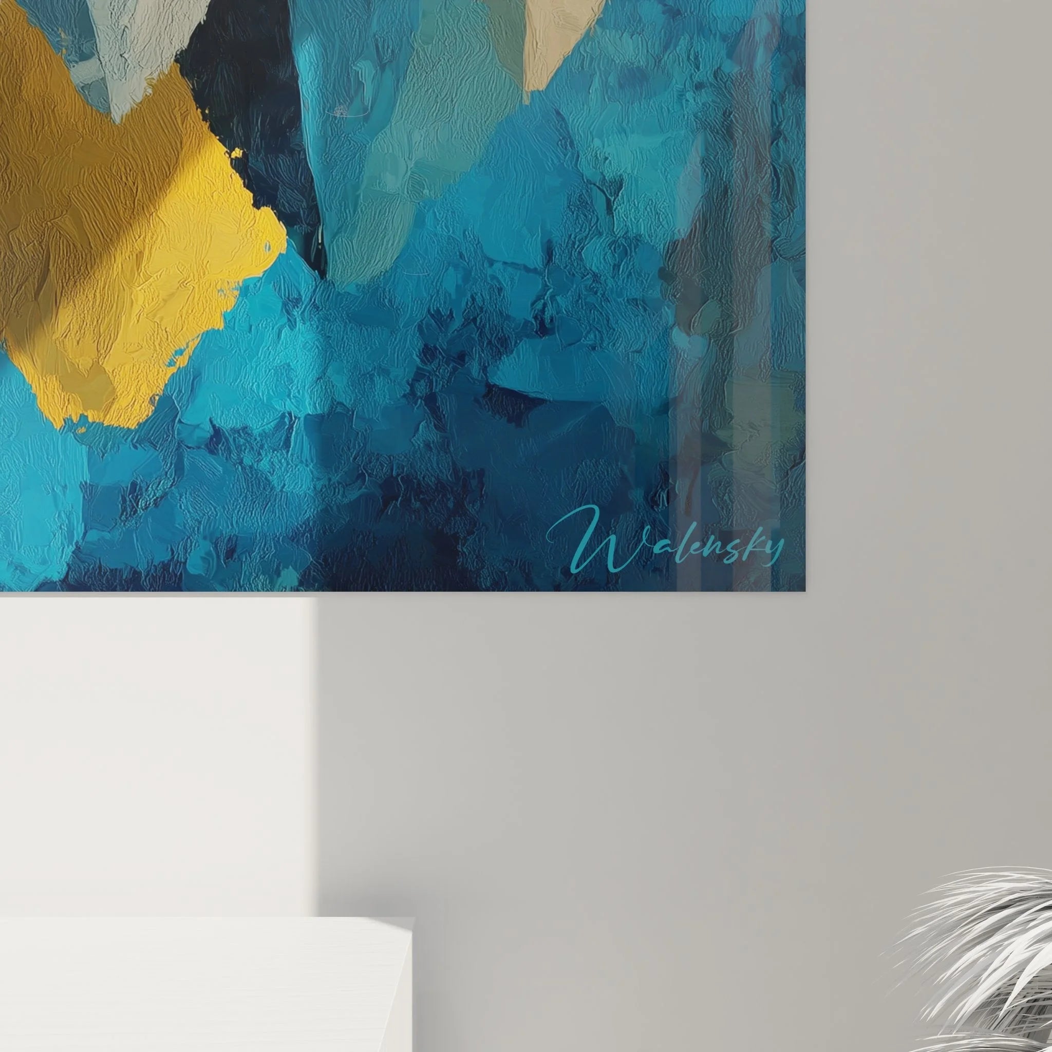 Gesamtansicht Wandbild geometrische Berge, komplette abstrakte Wüstenkomposition mit Spiegelung