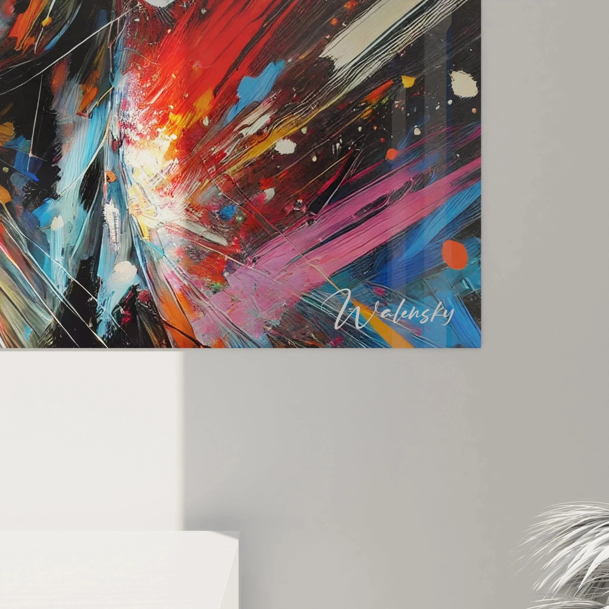 Gesamtansicht Wandbild Dalmatiner bunt, expressives Hundeporträt in moderner Wohnungseinrichtung