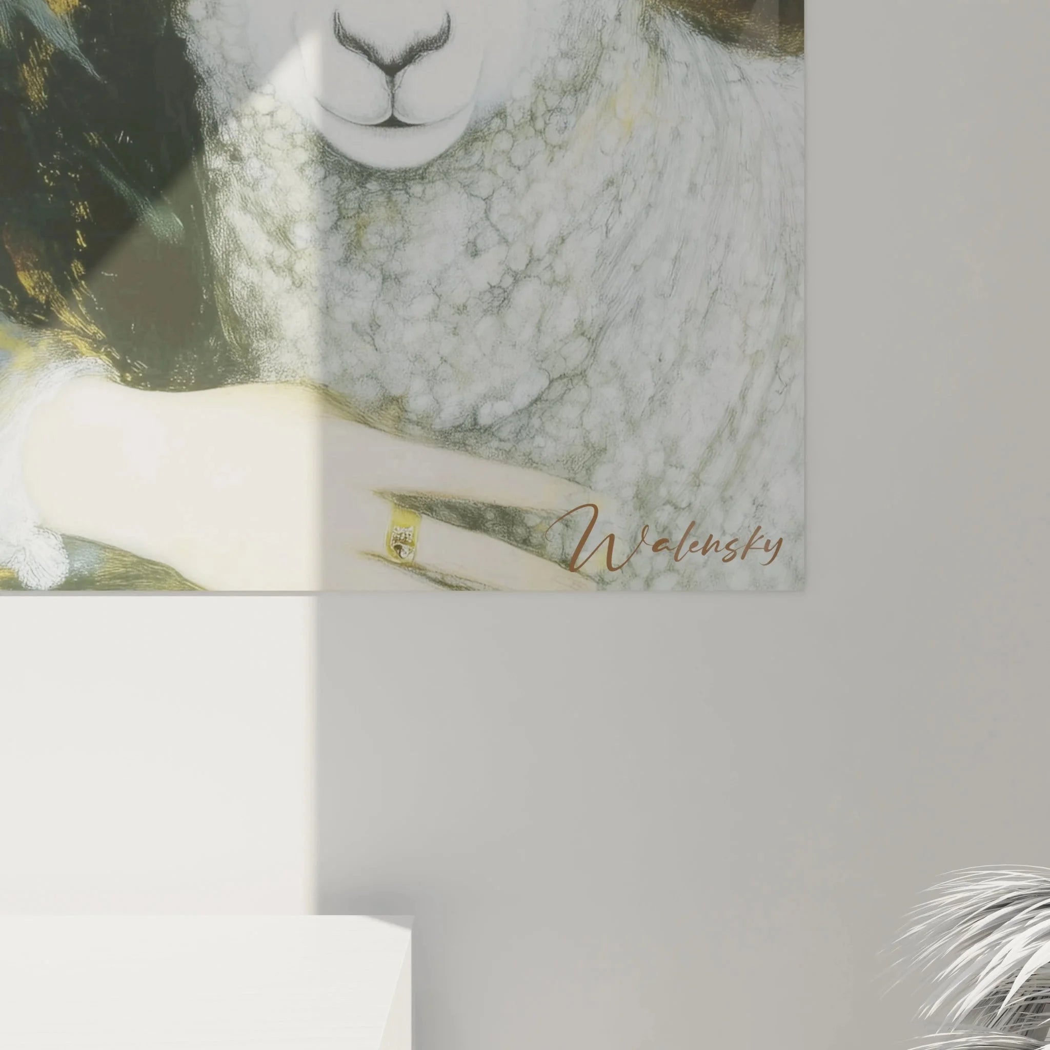 Gesamtansicht Wandbild präraffaelitische Dame mit Lamm vor idyllischer Mondlandschaft mit Kirche