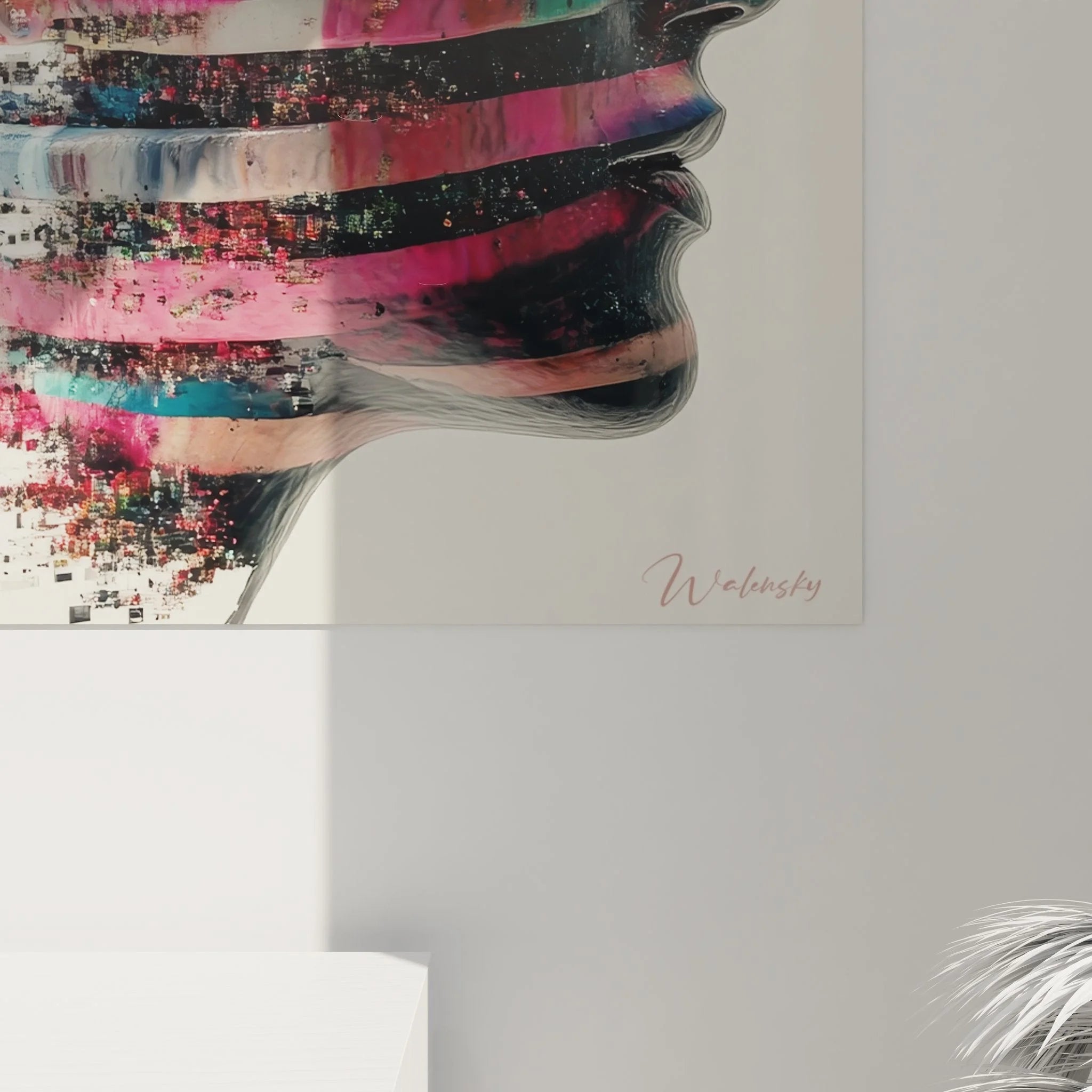 Gesamtansicht abstraktes Wandbild digitales Gesicht Edition DNA mit futuristischer Ästhetik