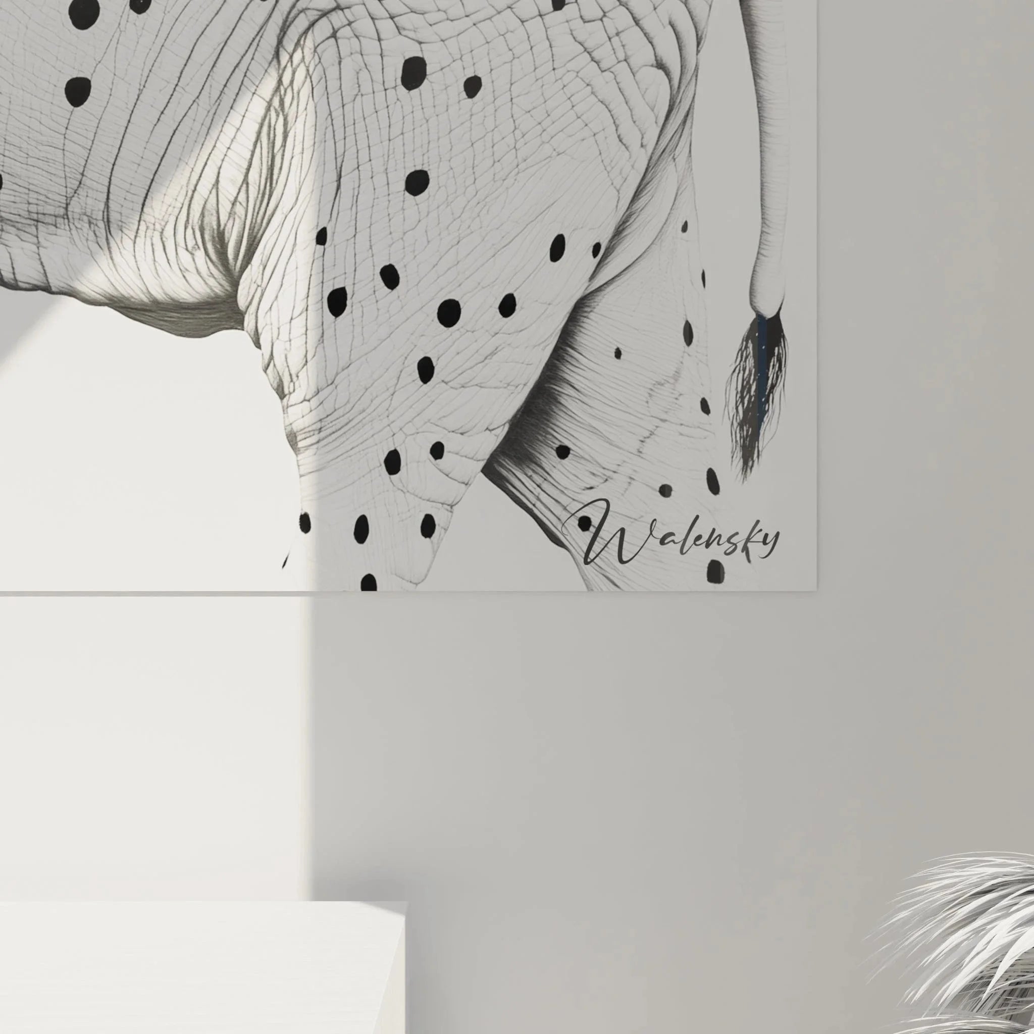 Gesamtansicht Wandbild Elefant Punktmuster, moderne Tierposter schwarz-weiß für Wohnzimmer
