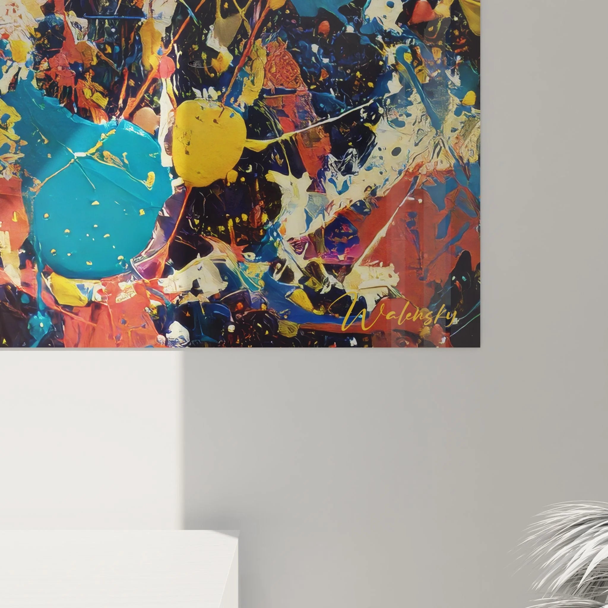 Gesamtansicht Wandbild abstrakte Farbexplosion - vollständige Komposition der Malerei-Optik Wandkunst