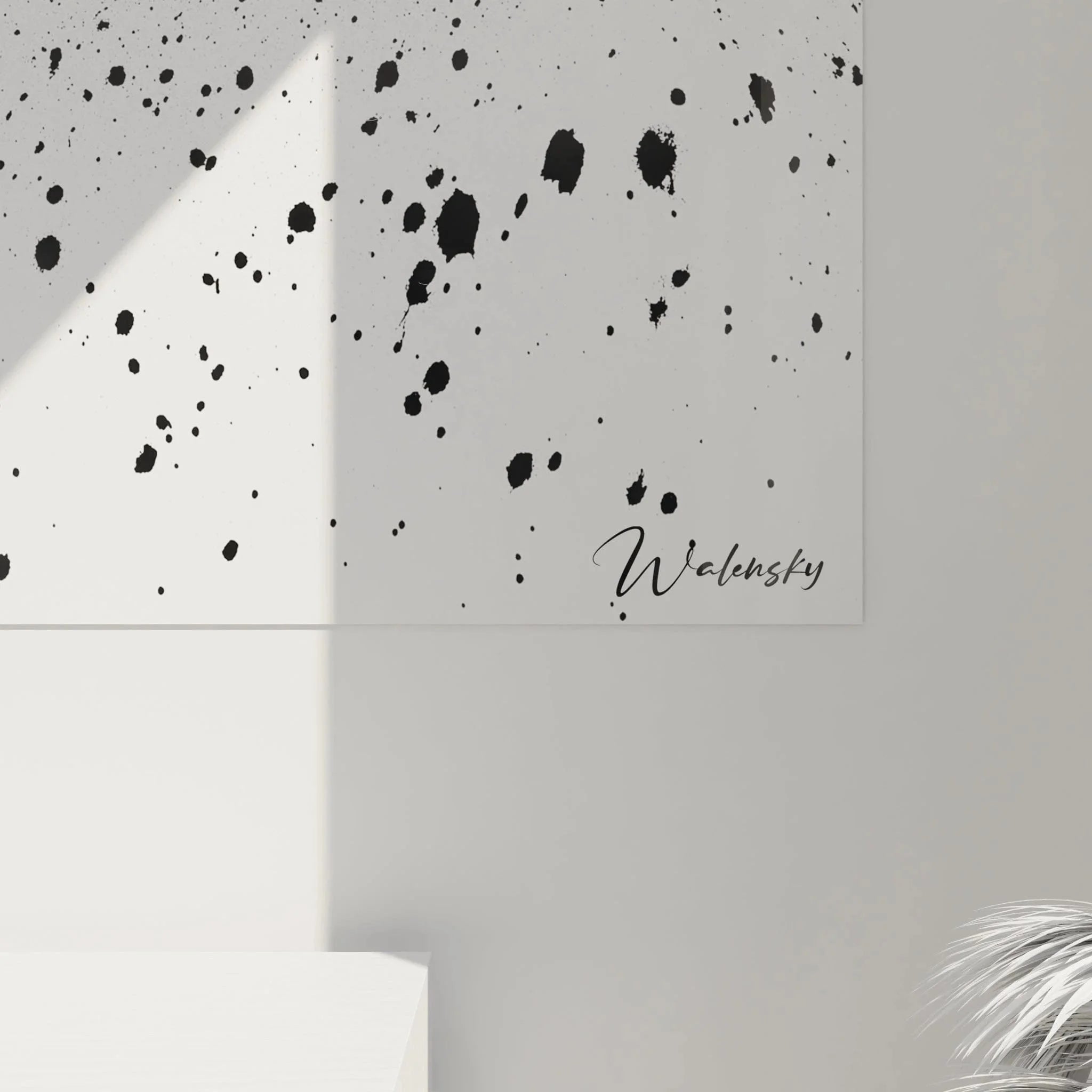 Gesamtansicht Wandbild Farbspritzer schwarz-weiß abstrakte Komposition XXL Leinwand moderne Wandkunst