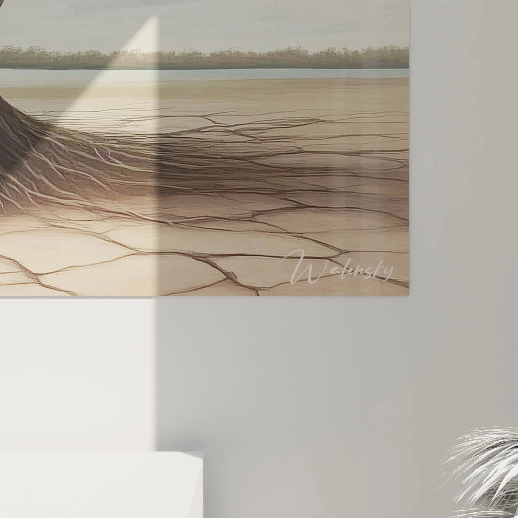 Gesamtansicht Wandbild Gesicht mit Baum auf rissiger Landschaft - surrealistisches Kunstwerk