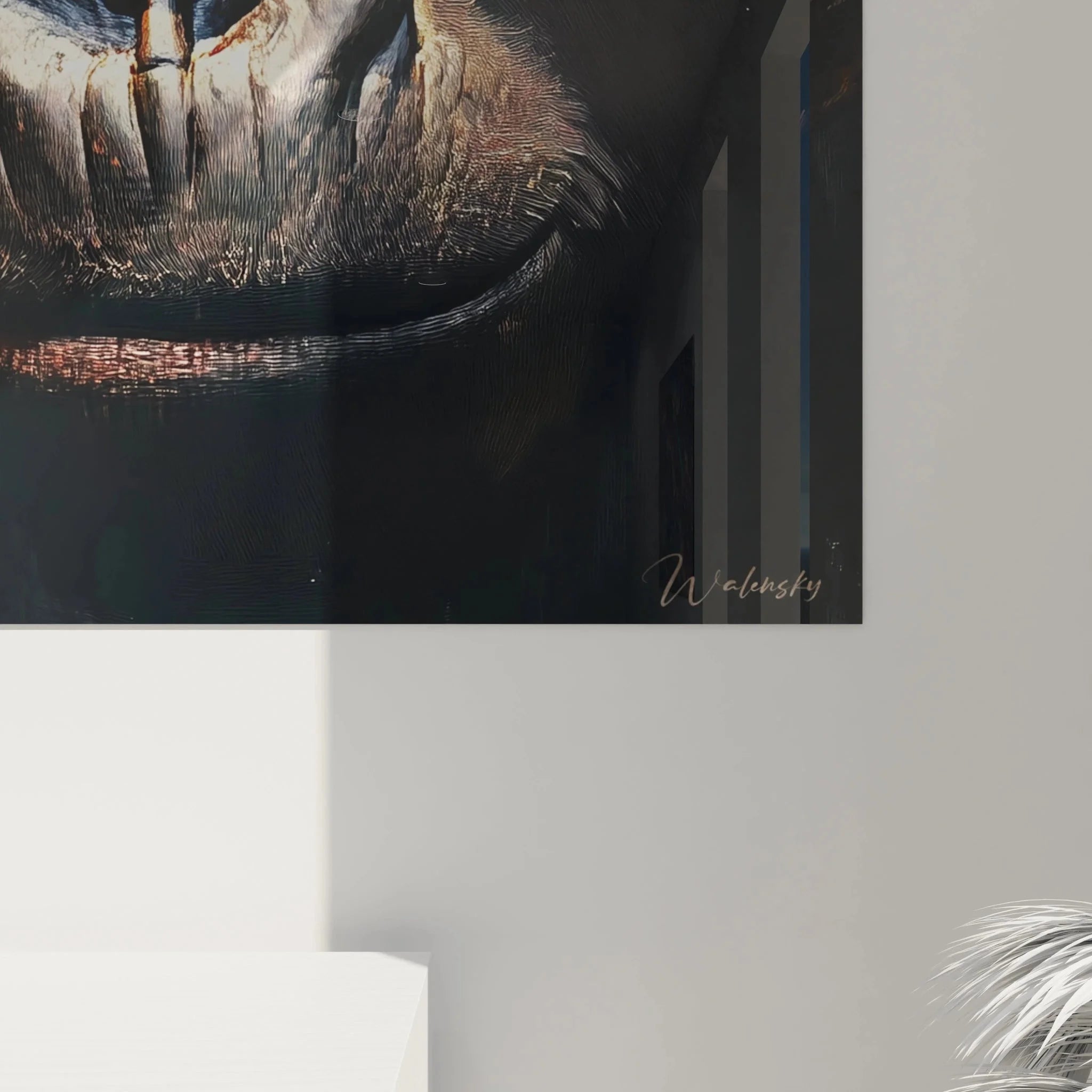 Gesamtansicht Wandbild Gorilla nachdenklich mit tropischer Vegetation im künstlerischen Stil