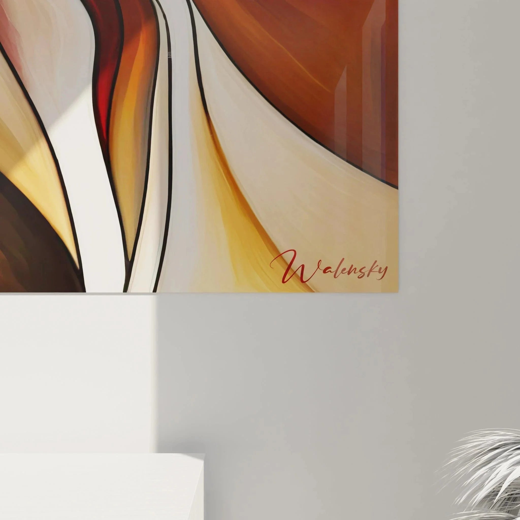 Gesamtansicht kubistisches Wandbild abstrakte Frau mit spiralförmigen Bewegungen und Farbverläufen