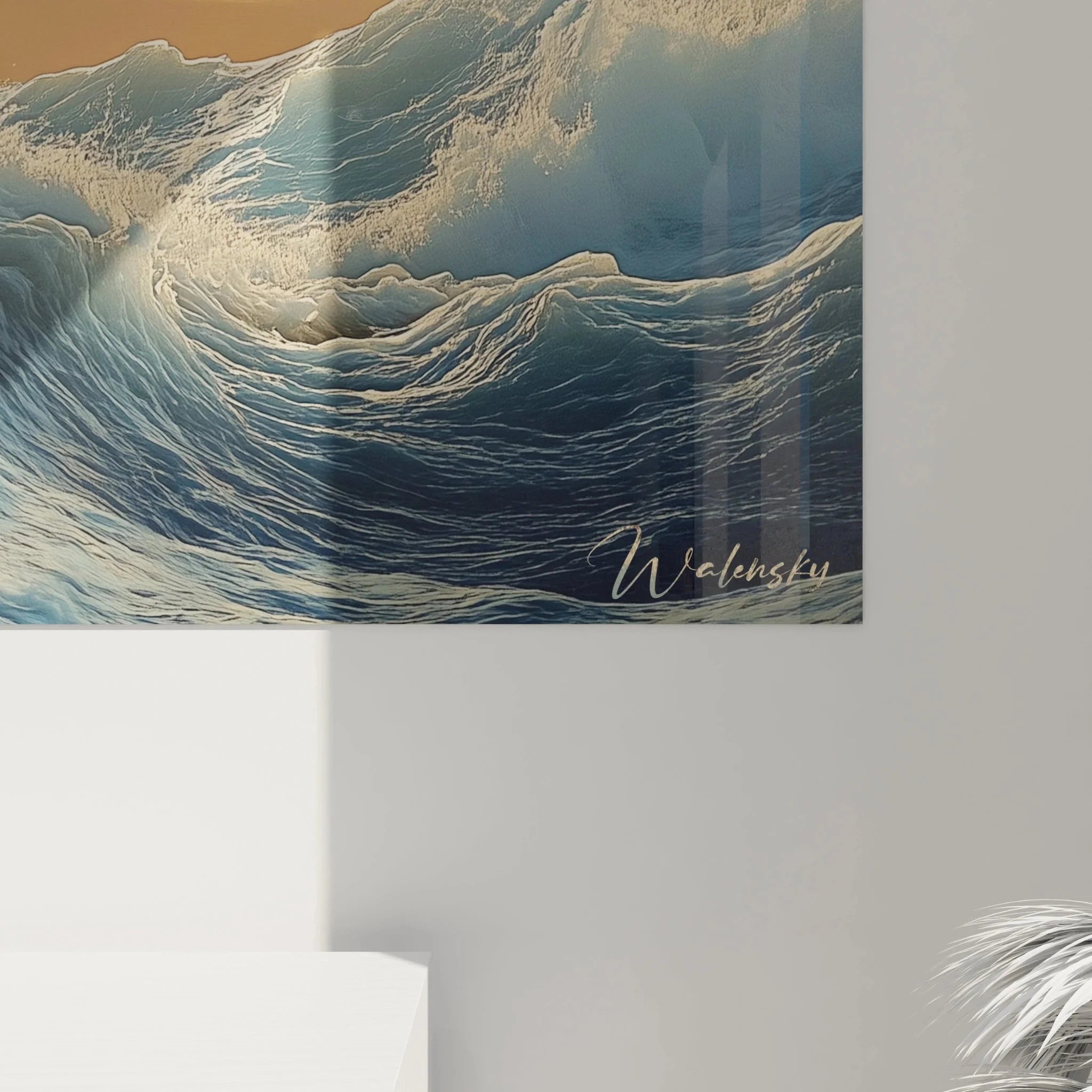 Gesamtansicht Wandbild Möwe Sturm - Maritime Kunstdruck mit dramatischen Wellen und goldenem Himmel