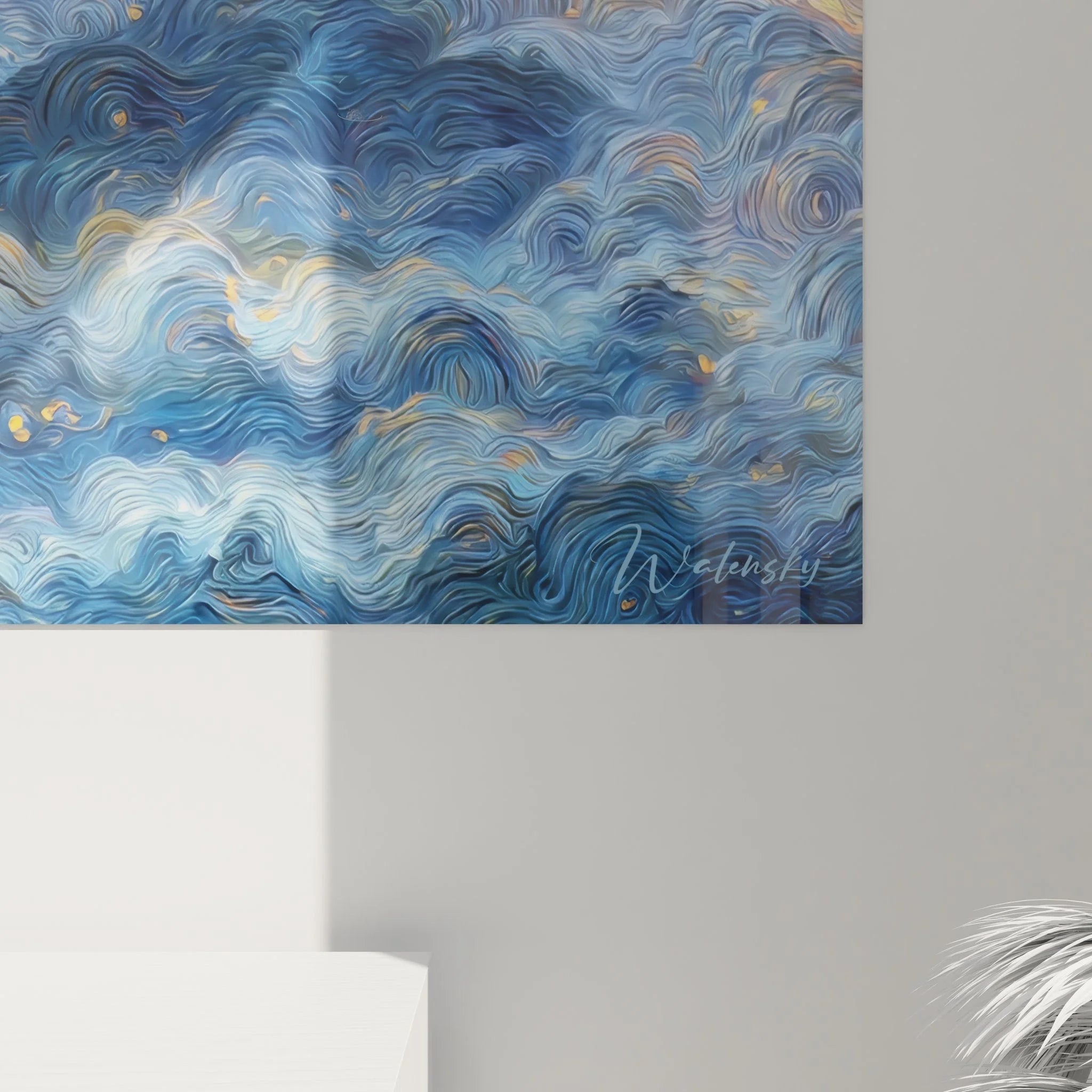 Gesamtansicht Wandbild Sternennacht Fantasie mit Zypressen und turbulenten Himmel in blau-gold Farbpalette