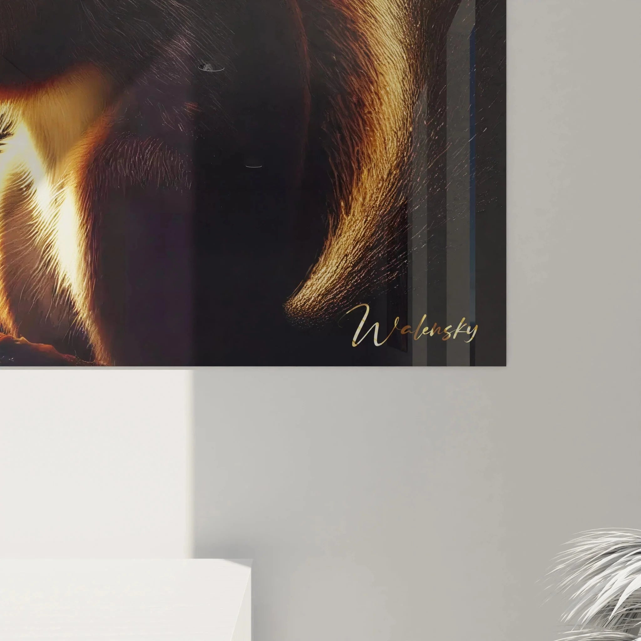 Gesamtansicht Wandbild Natur Eichhörnchen - botanische Elemente mit warmem Sonnenschein