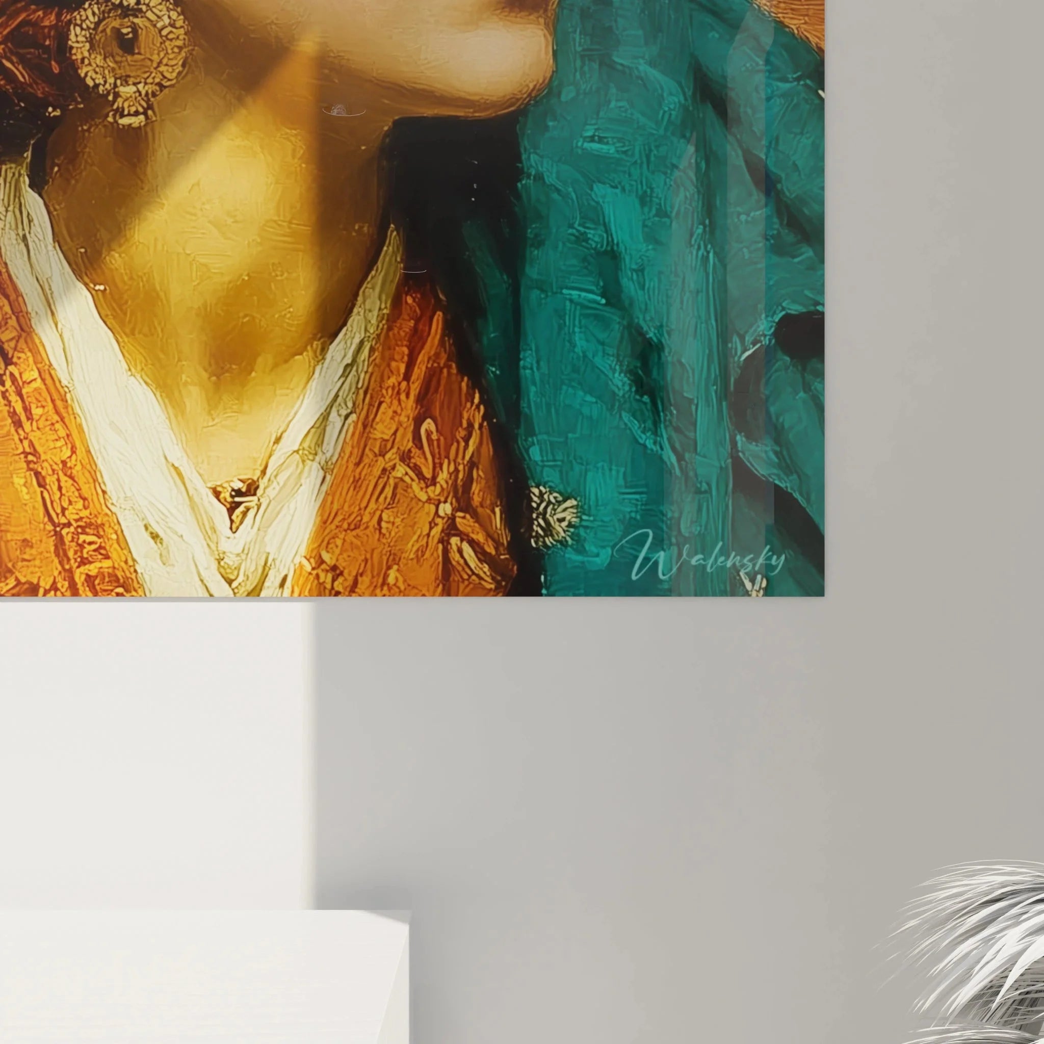 Gesamtansicht Wandbild orientalische Dame - Türkisfarbener Schleier vor Sandstein Hintergrund