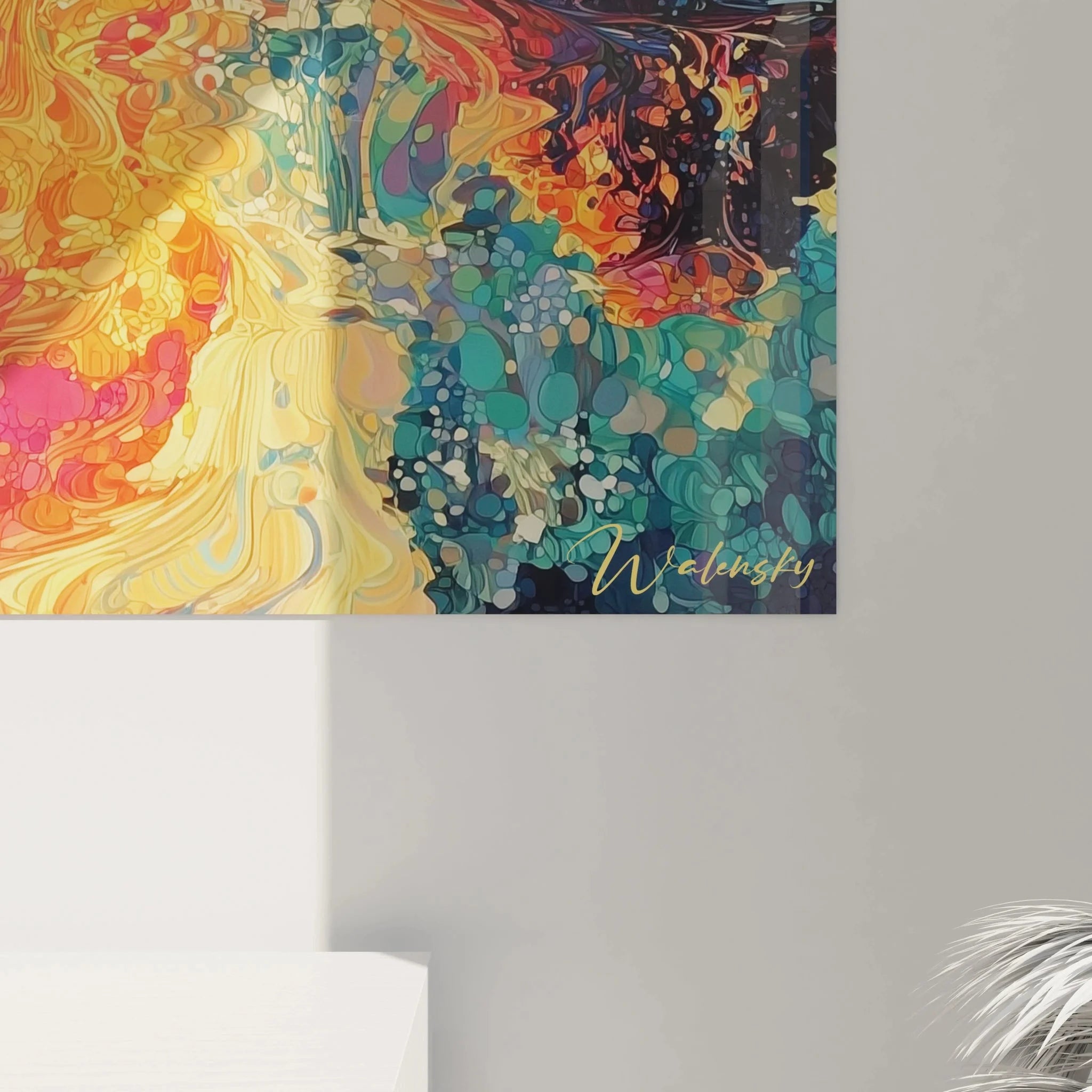 Gesamtansicht Wandbild Parklandschaft Pointillismus mit kompletter Farbkomposition und Baumsilhouetten