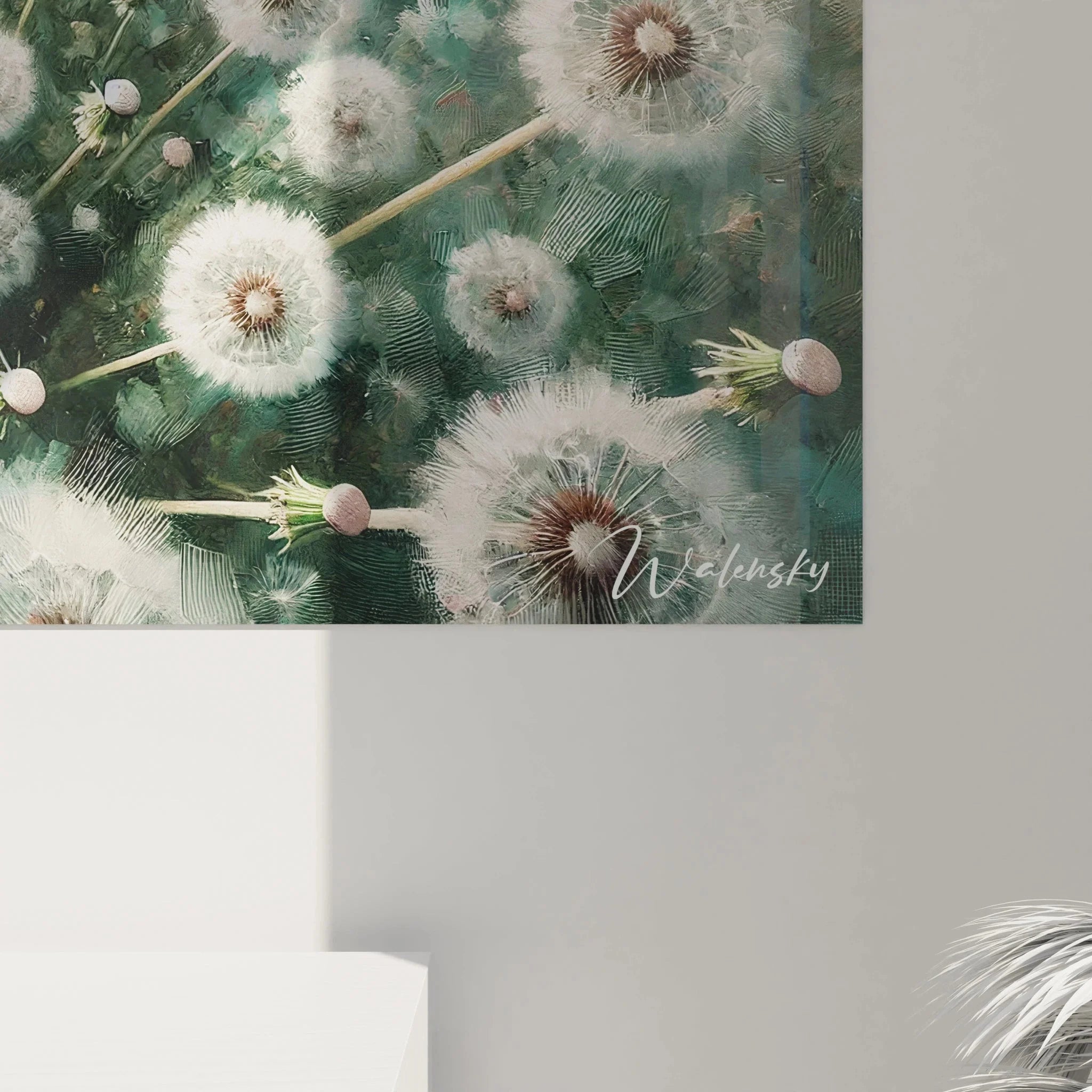 Gesamtansicht Wandbild Pusteblumen - Traumhafte Wildblumen Komposition für Wohnzimmer