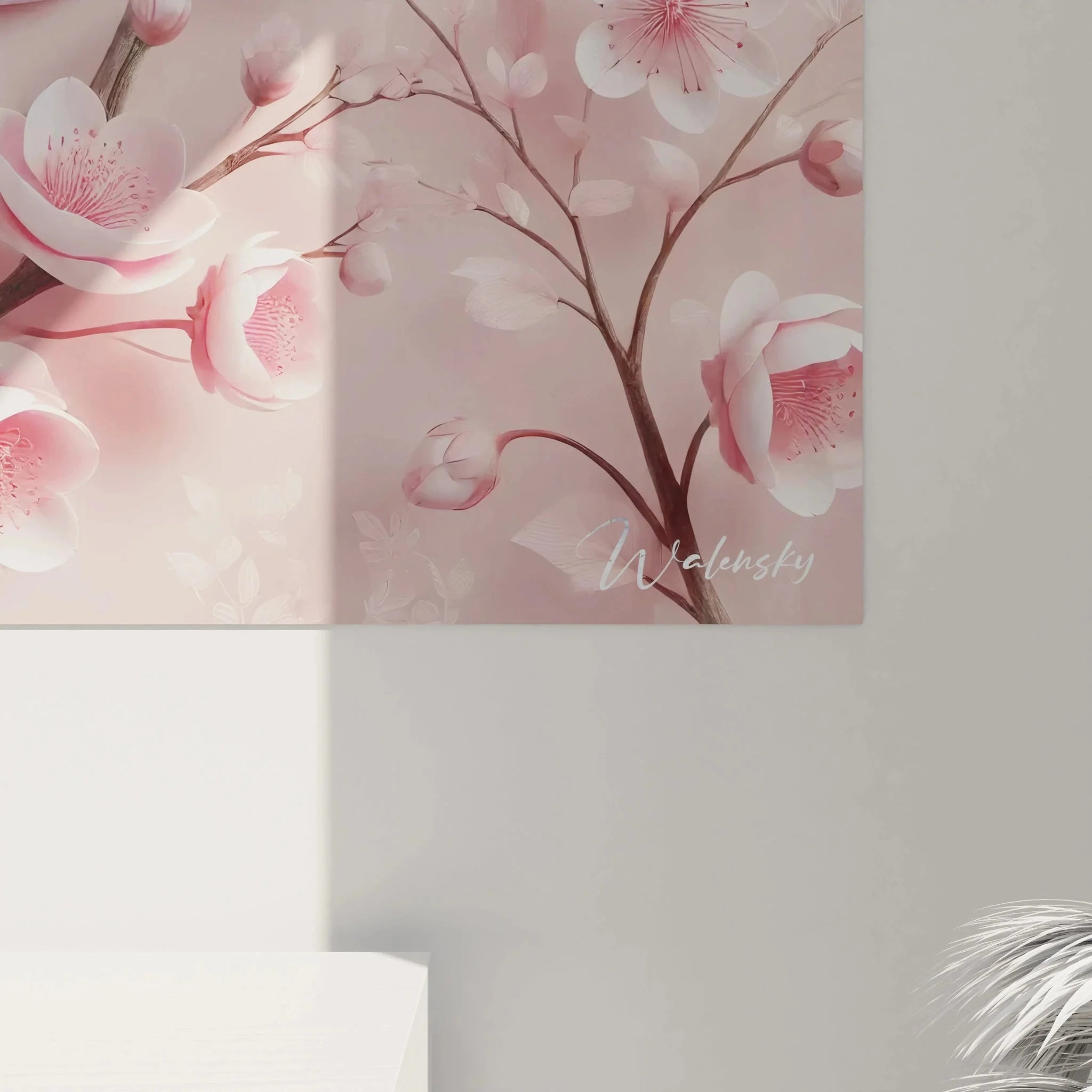 Gesamtansicht Wandbild weiße Schlange Kirschblüten, moderne asiatische Wanddekoration