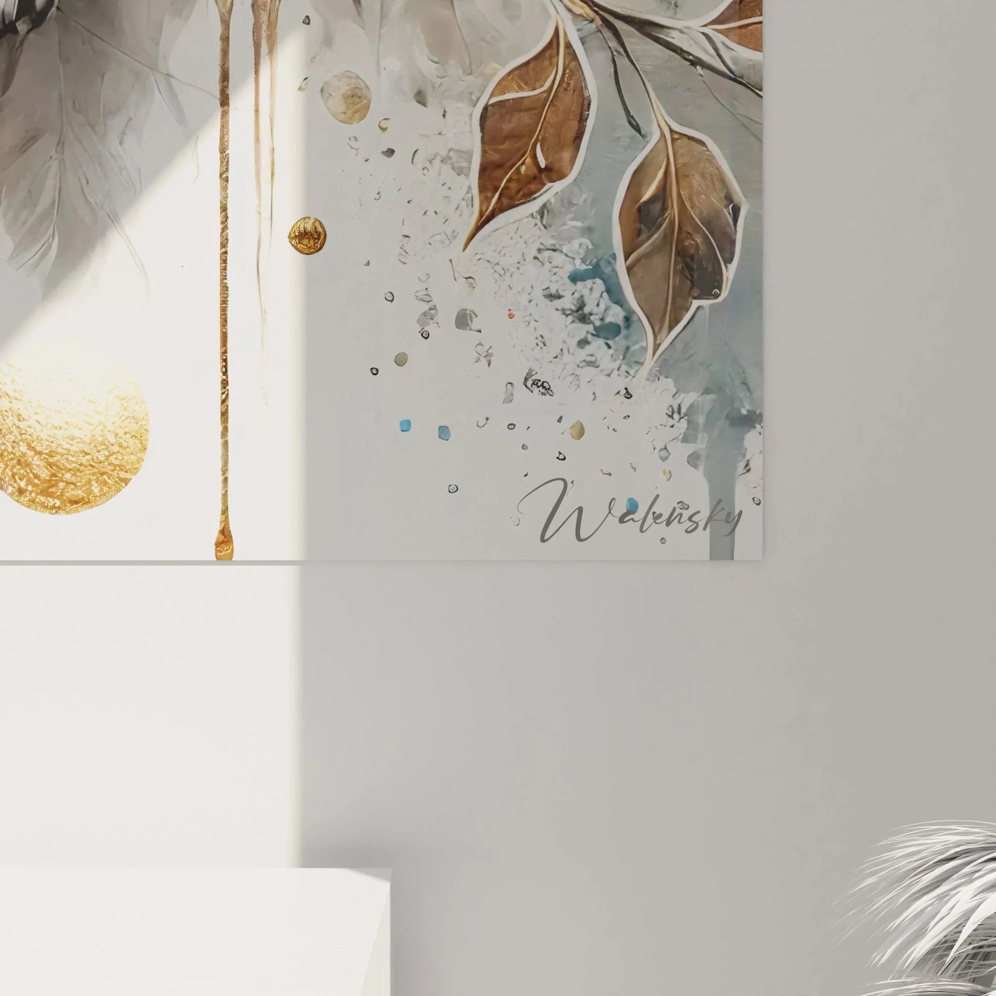 Gesamtansicht Wandbild Schleiereule - komplette Komposition der Eule mit botanischen Elementen und Goldakzenten