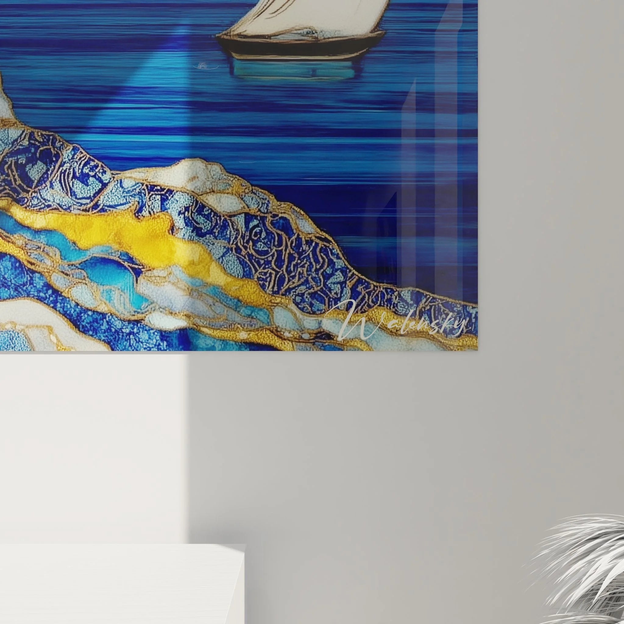 Gesamtansicht Wandbild See mit goldenem Baum, Segelboot und abstrakter Marmor-Landschaft