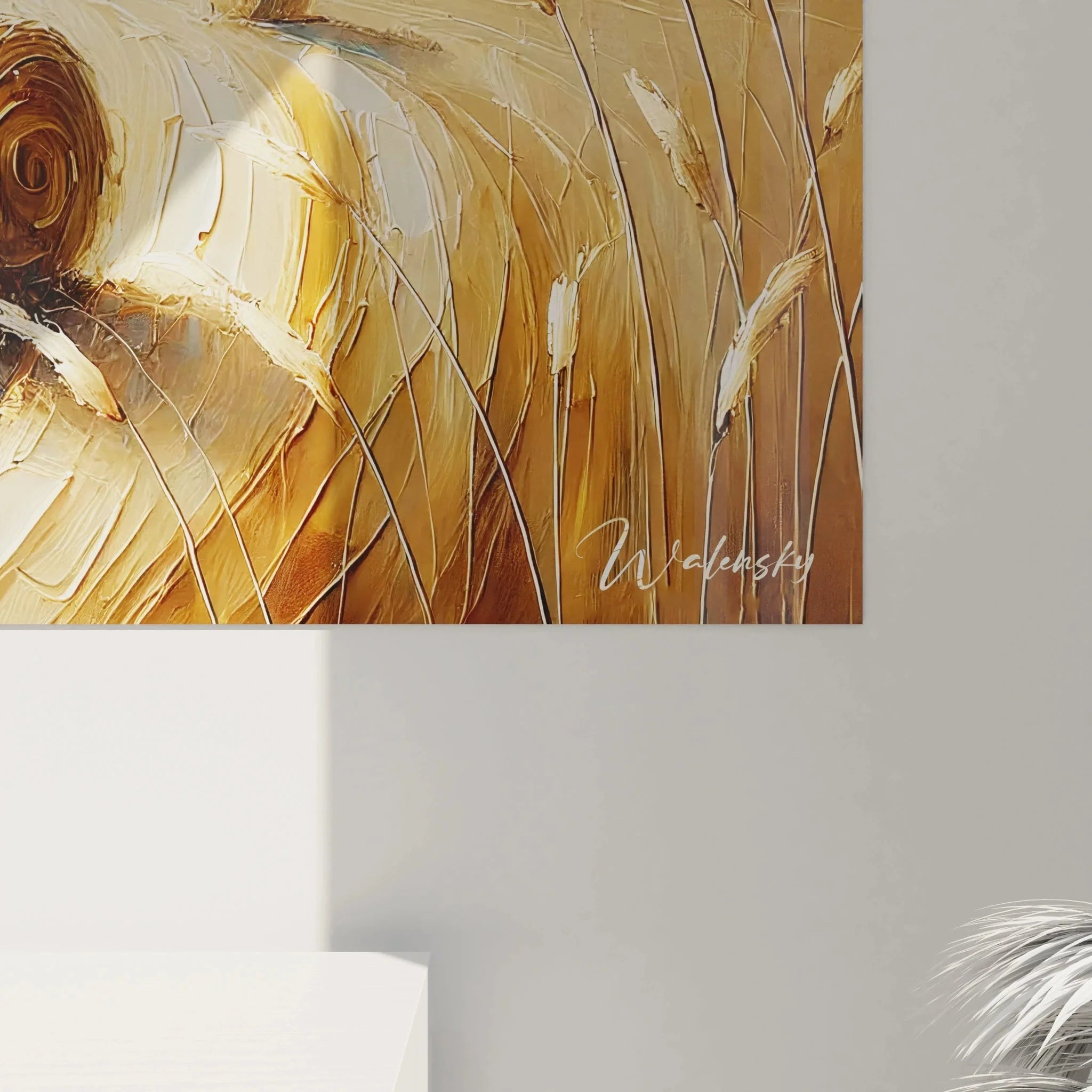 Gesamtansicht Wandbild Strohballen Landschaft Erntefeld goldenes Licht ländliche Szene Kunstwerk