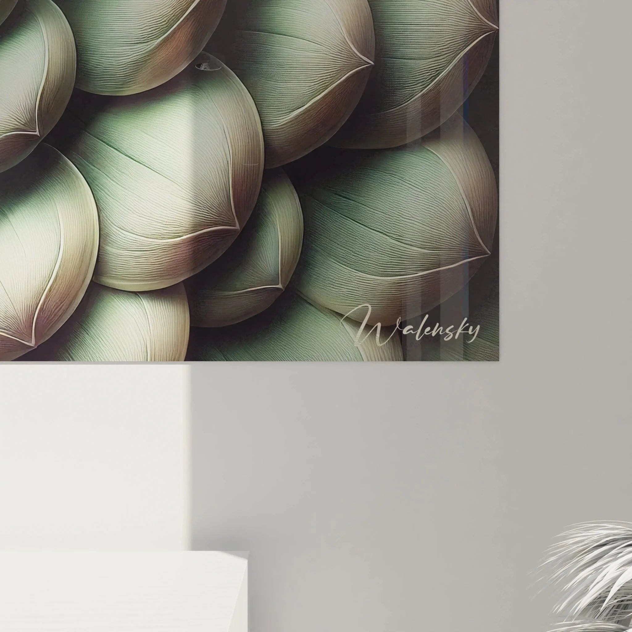 Gesamtansicht Wandbild Sukkulente Spiralstruktur - botanische Wandkunst in Mint und Salbeigrün