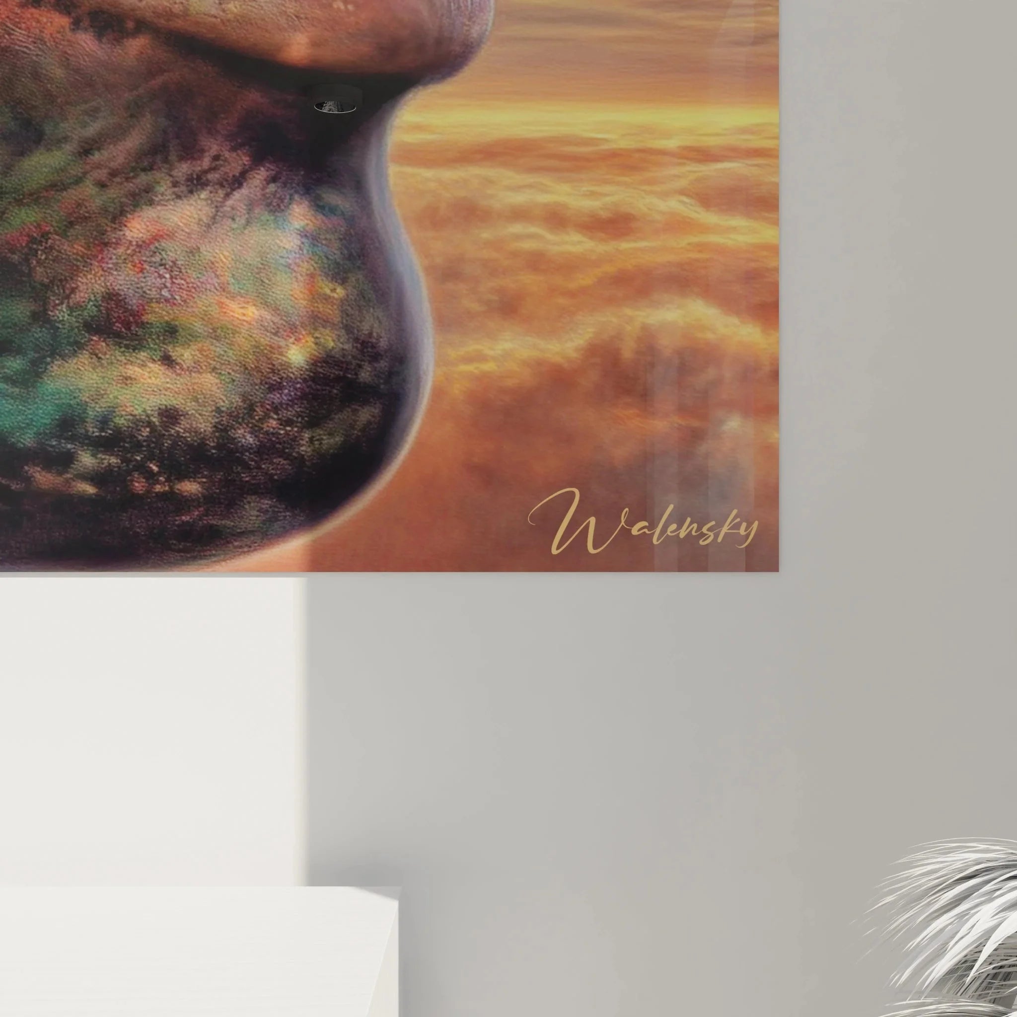 Gesamtansicht Wandbild Surrealismus Gesichtsprofil mit Traumlandschaft als hochwertige Raumgestaltung