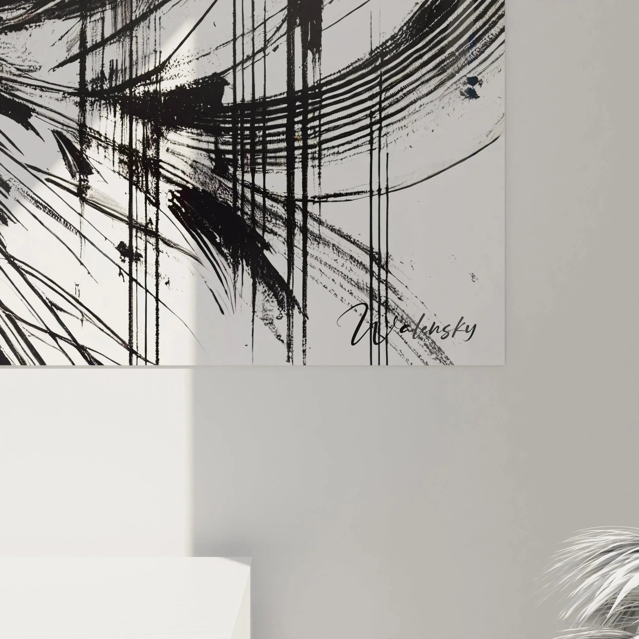 Gesamtansicht Wandbild abstrakte Tänzerin schwarz-weiß mit dynamischen Bewegungselementen