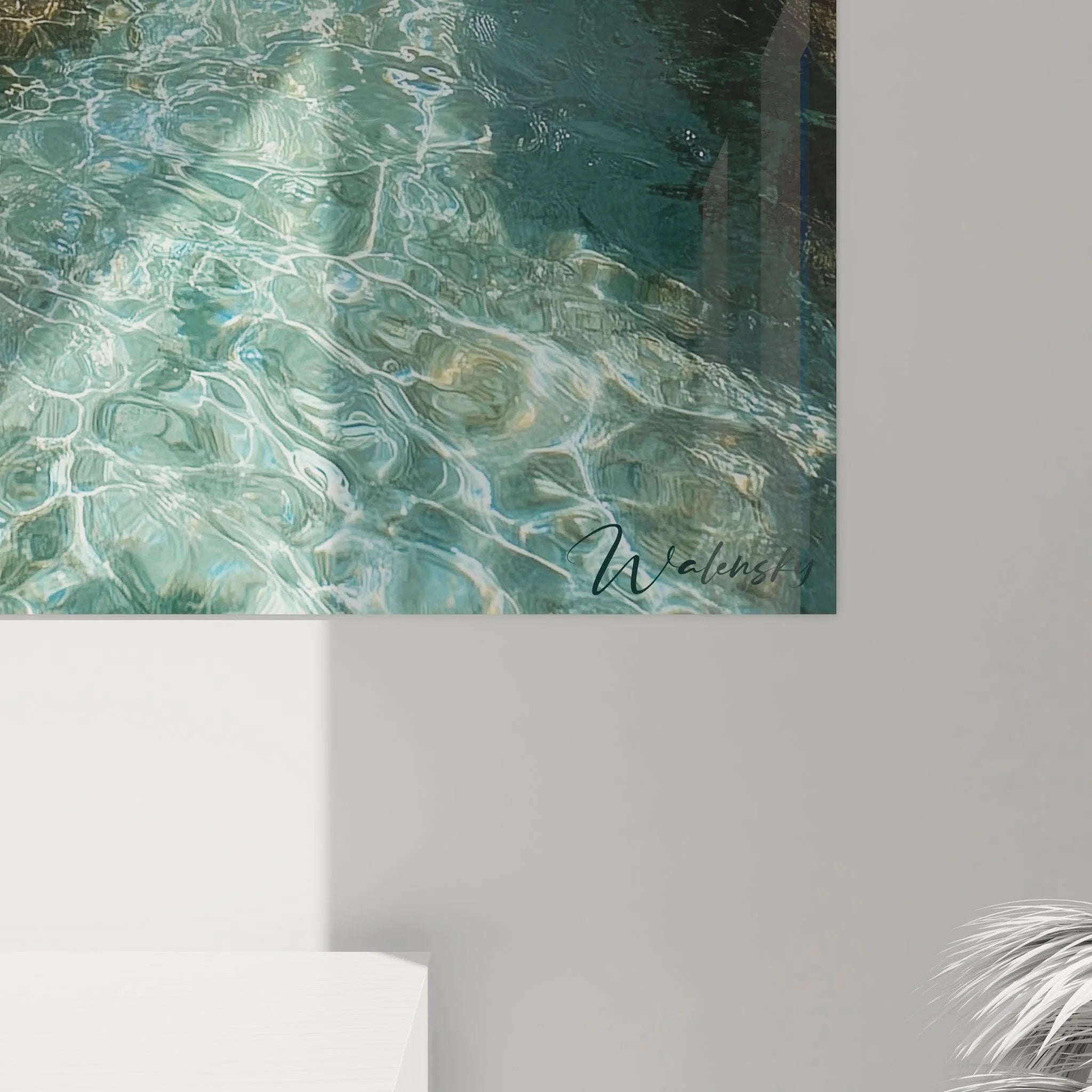 Gesamtansicht Wandbild tropische Strandlandschaft mit Palmen, Felsen und türkisem Wasser