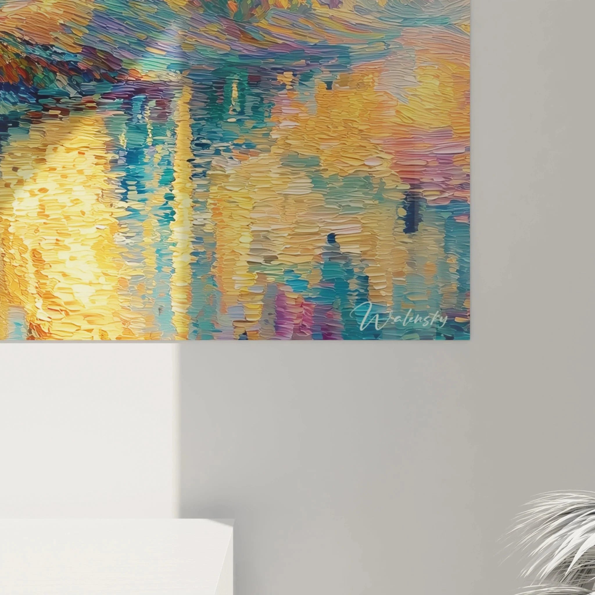 Gesamtansicht Wandbild Wasserlandschaft Pointillismus Sonnenuntergang Baum Wasser moderne Raumgestaltung