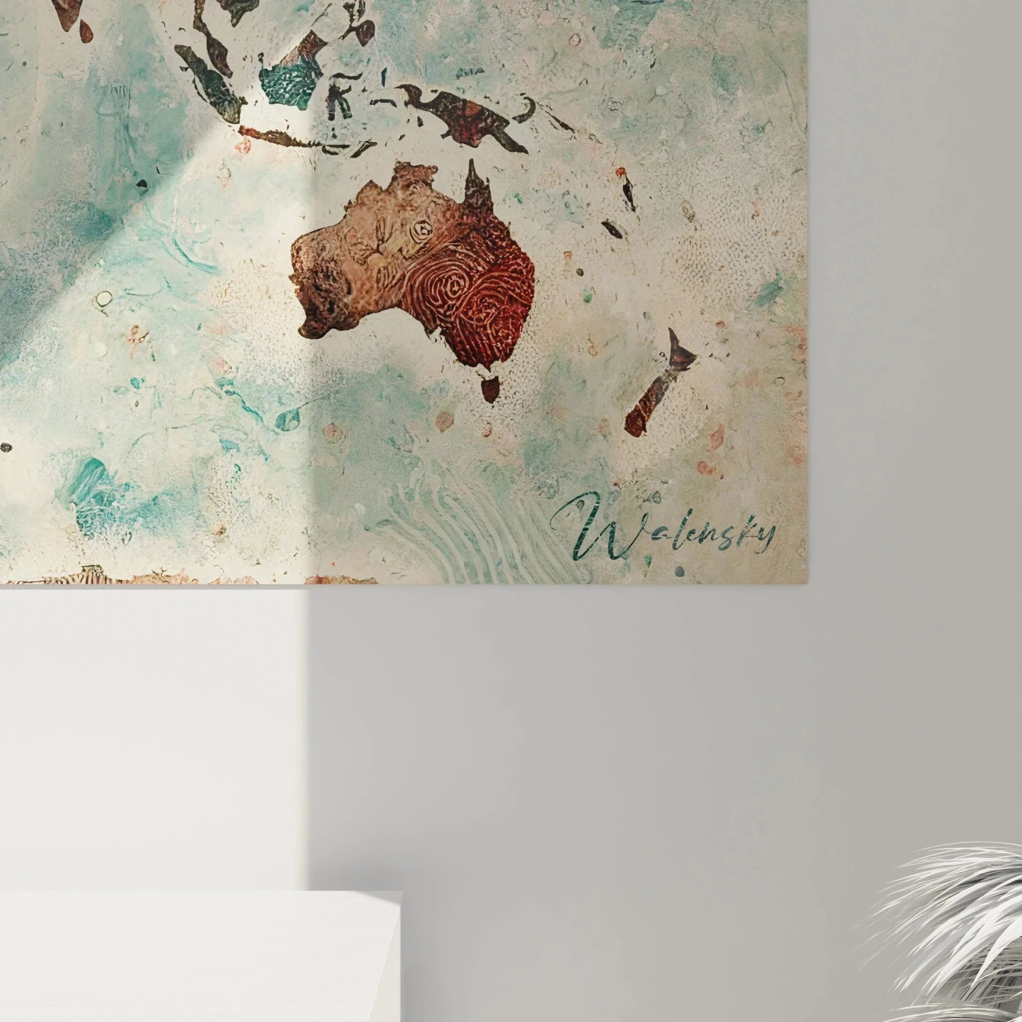 Gesamtansicht Wandbild Weltkarte Vintage mit allen Kontinenten in harmonischer Farbgestaltung Wohnraum Dekoration