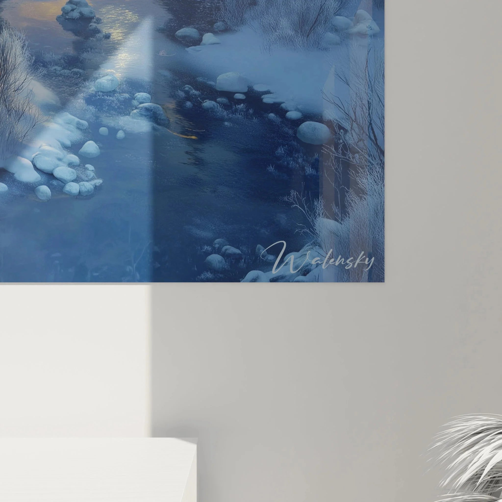 Gesamtansicht Wandbild Winterszene verschneite Landschaft Tannen Bach