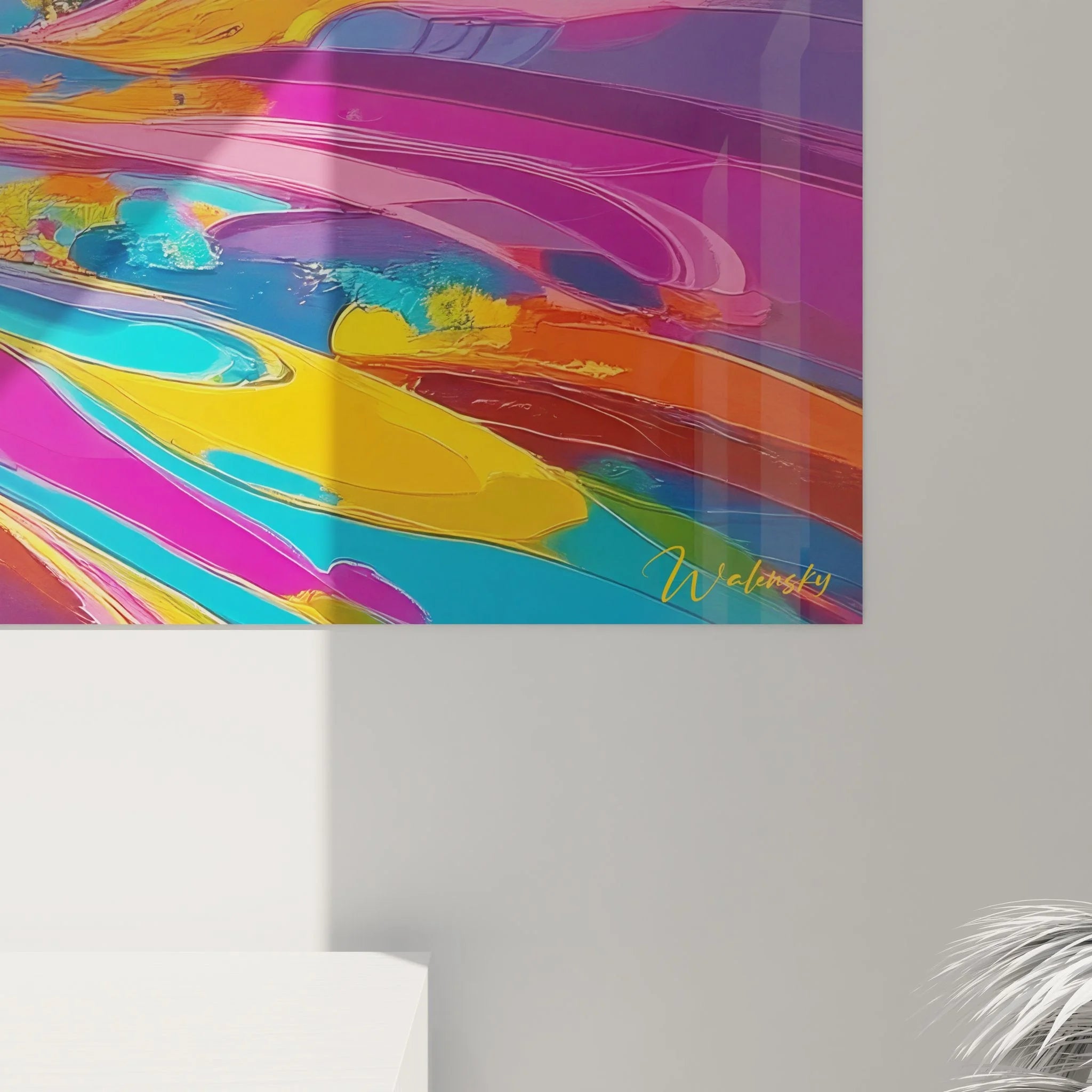 Gesamtansicht abstraktes Wandbild XXL Farbexplosion mit spektakulären Energiewellen Malerei-Optik