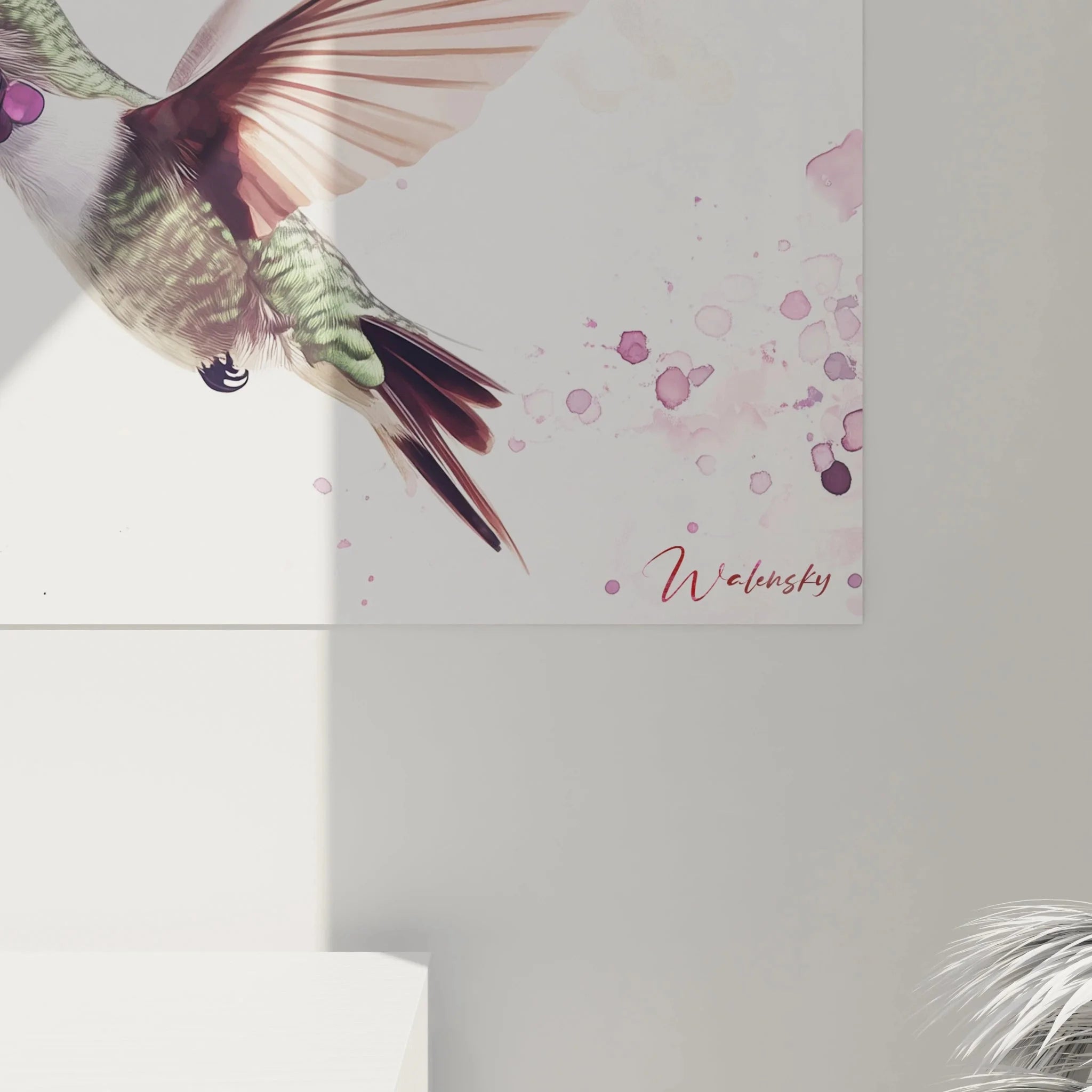 Gesamtansicht Wandbild Kolibri XXL, botanische Wandkunst mit Hibiskus und Aquarell-Effekt