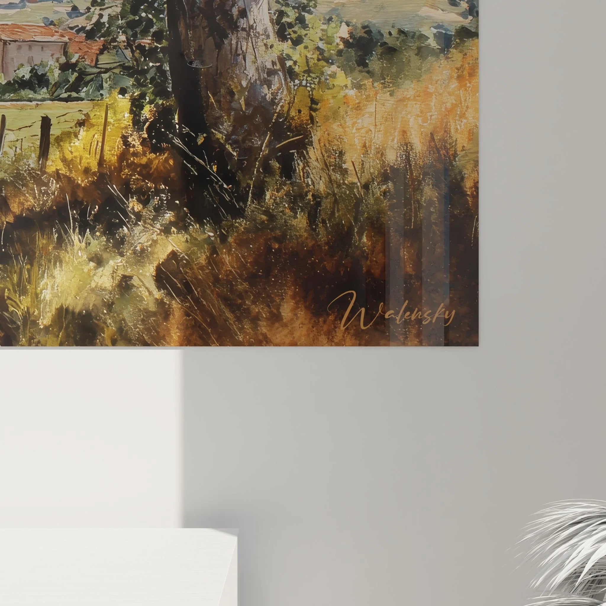 Gesamtansicht Wandbild XXL Landschaftsidylle mit Dorfblick durch Baumwipfel Edition Landschaft