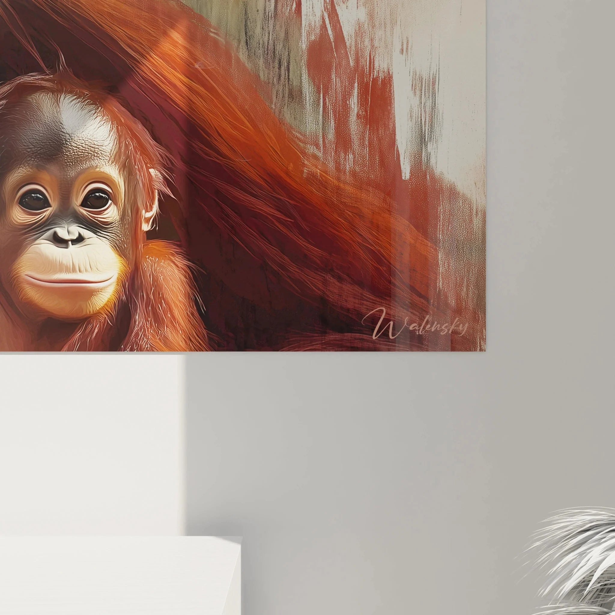 Gesamtansicht Wandbild XXL Orang-Utan Familie - abstrakte Hintergrunde in warmen Erdtönen