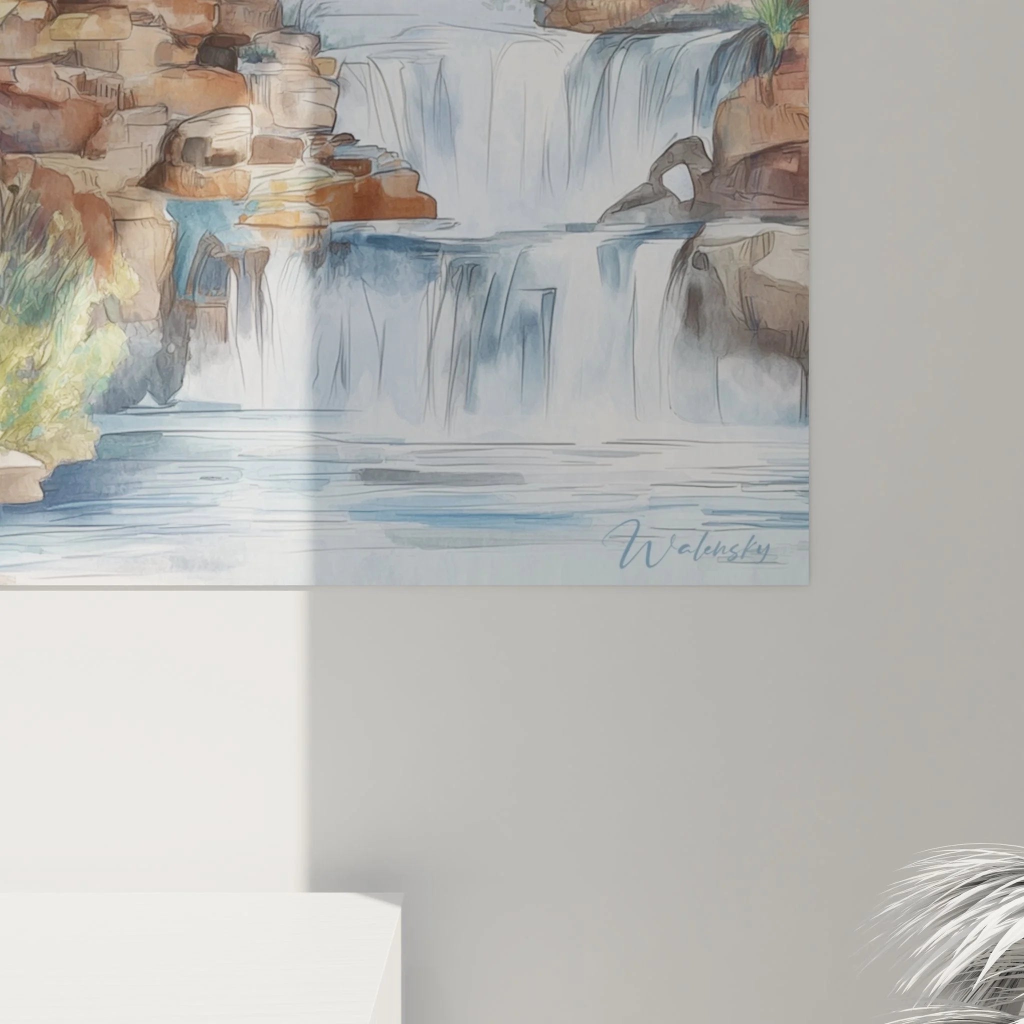 Gesamtansicht Wandbild Wasserfälle Felslandschaft, harmonische Komposition mit Vegetation und Himmel