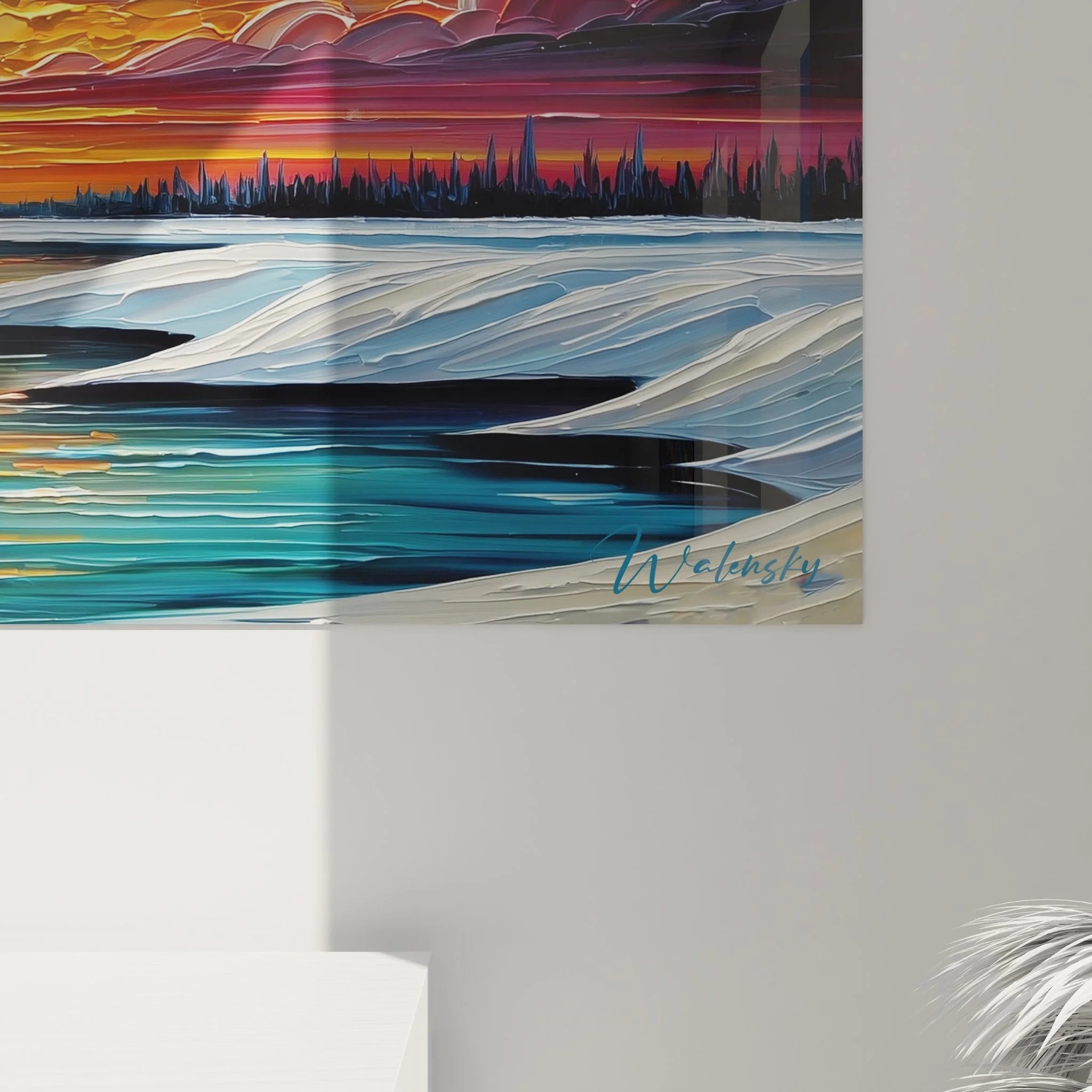 Gesamtansicht XXL Wandbild Sonnenuntergang - komplette Naturlandschaft mit See, Himmel und Baum