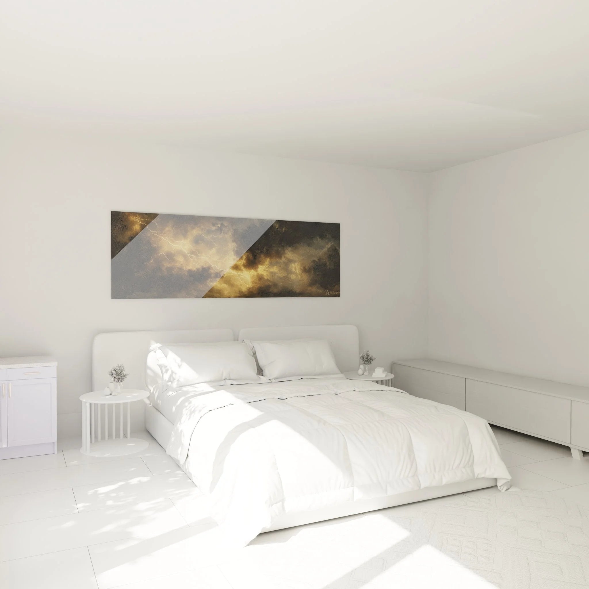 Gewitter Wandbild XXL im Schlafzimmer - dramatische Blitze und Sturmwolken als Wanddekoration
