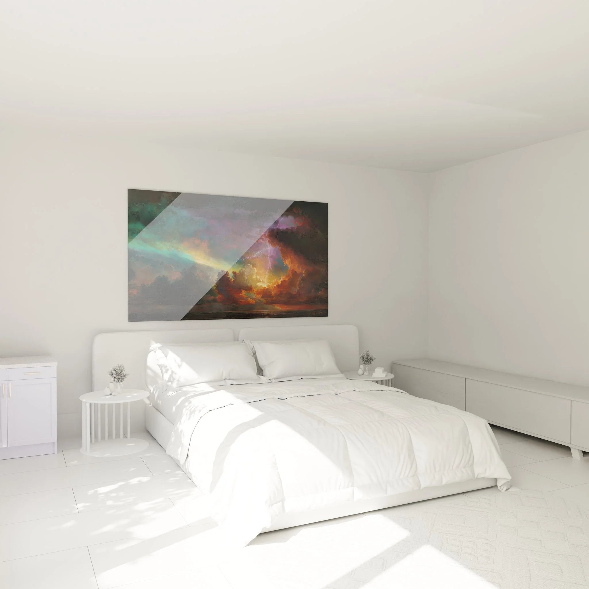 Gewittersturm Wandbild in modernem Schlafzimmer mit Blitzen und dramatischen Wolken