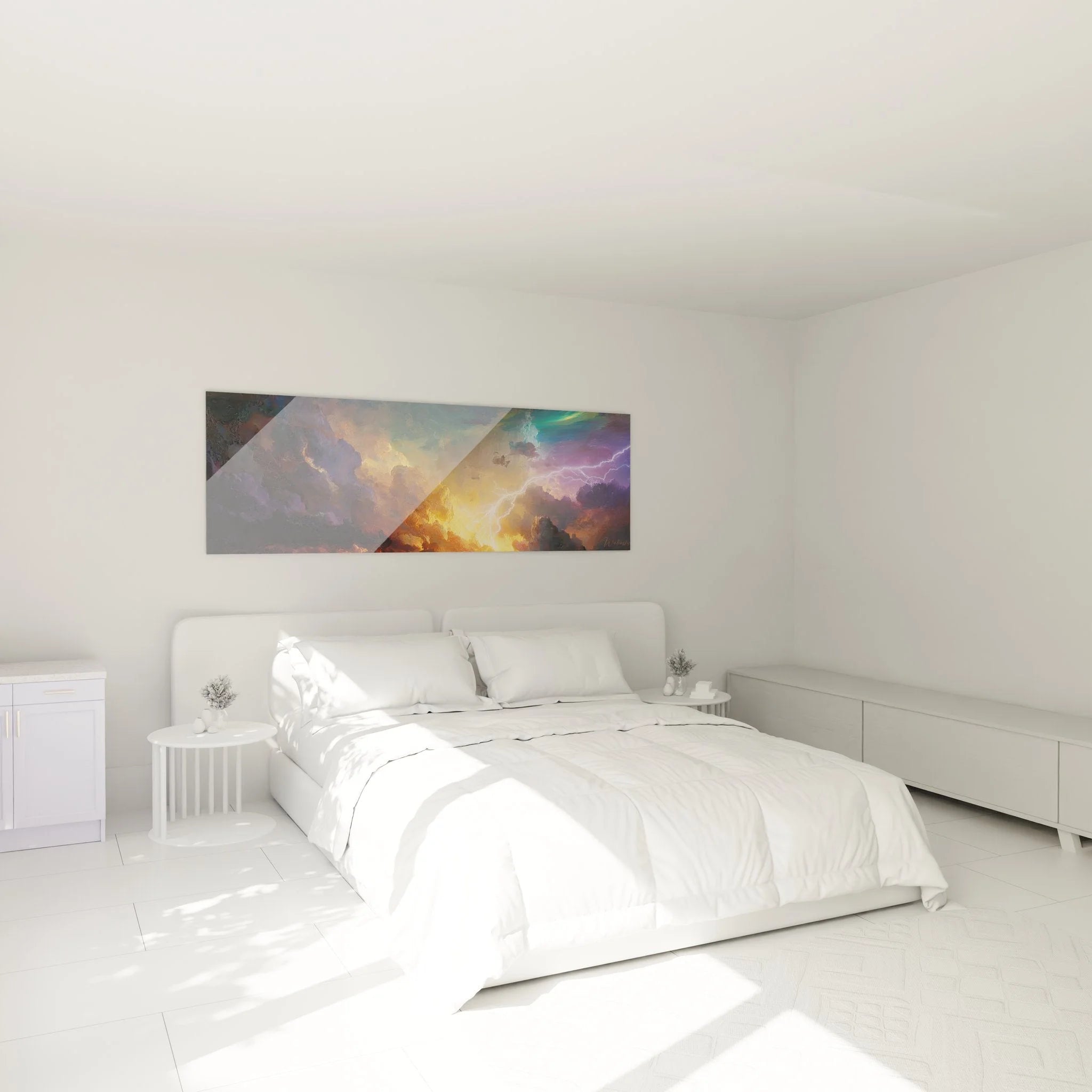 Gewittersturm Wandbild XXL in modernem Schlafzimmer mit dramatischer Wolkenformation als Wanddekoration