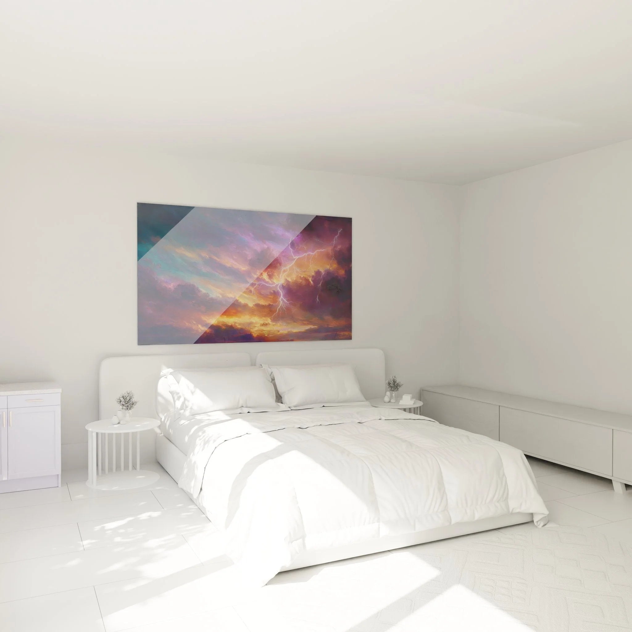 Gewittersturm Wandbild XXL in modernem Schlafzimmer mit dramatischem Himmel als Blickfang