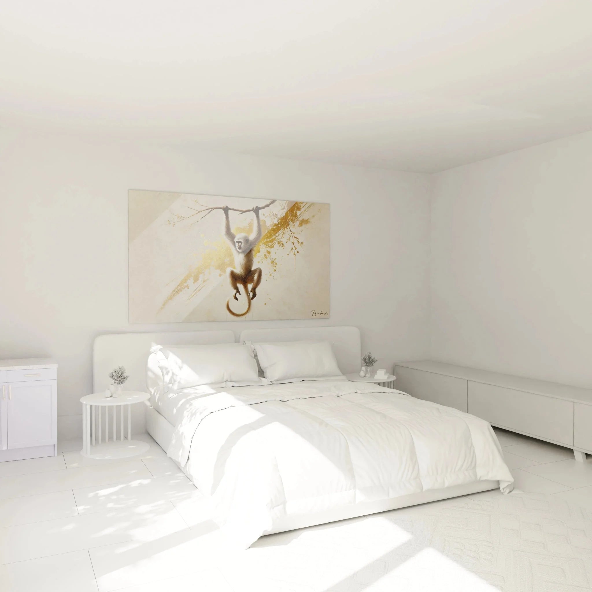Gibbon Wandbild im Schlafzimmer - beruhigende Primatenkunst in warmen Farbtönen